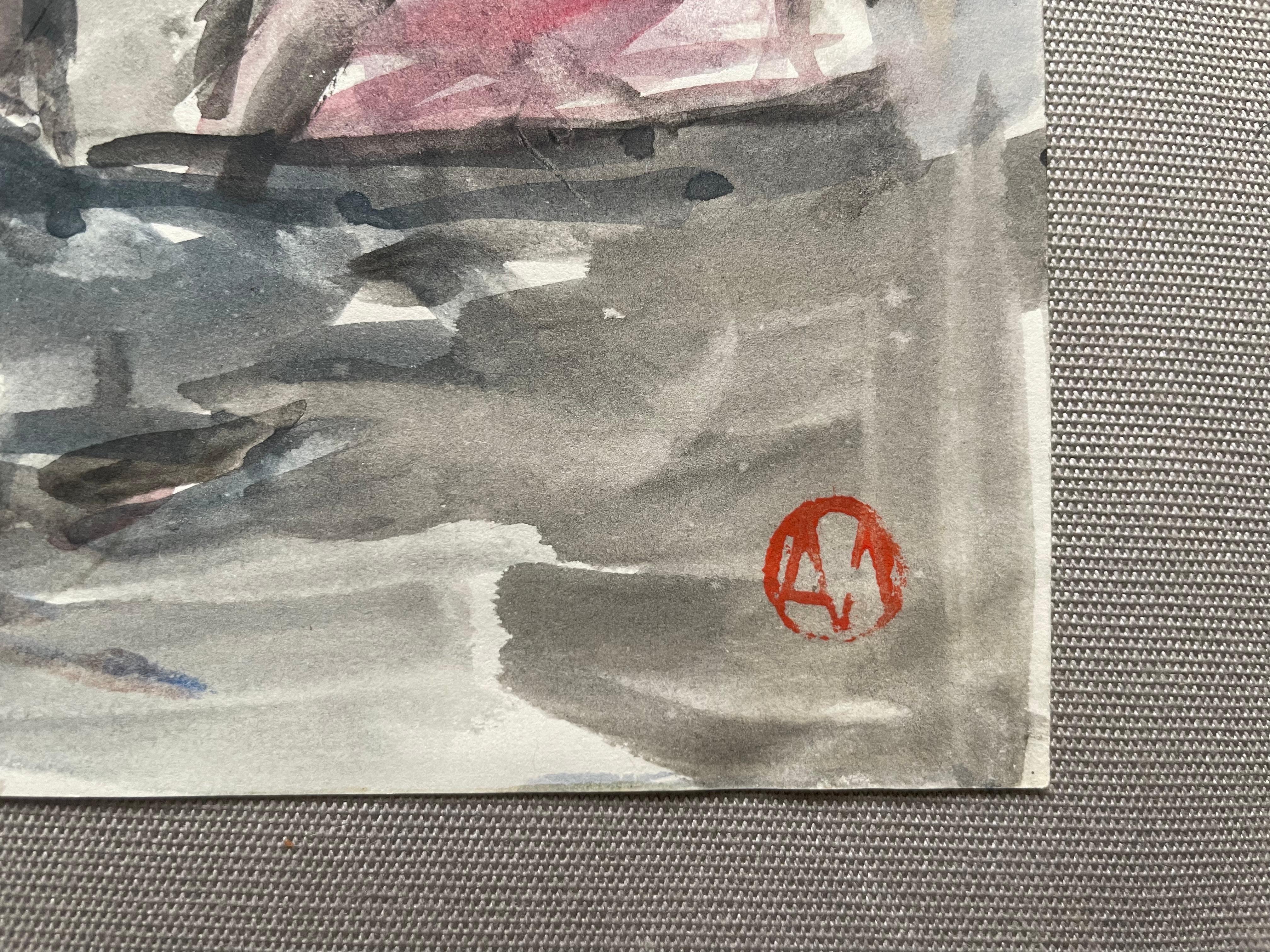Coastal Landscape, Watercolor, Stamp To Identify - Gray Landscape Art by Unknown