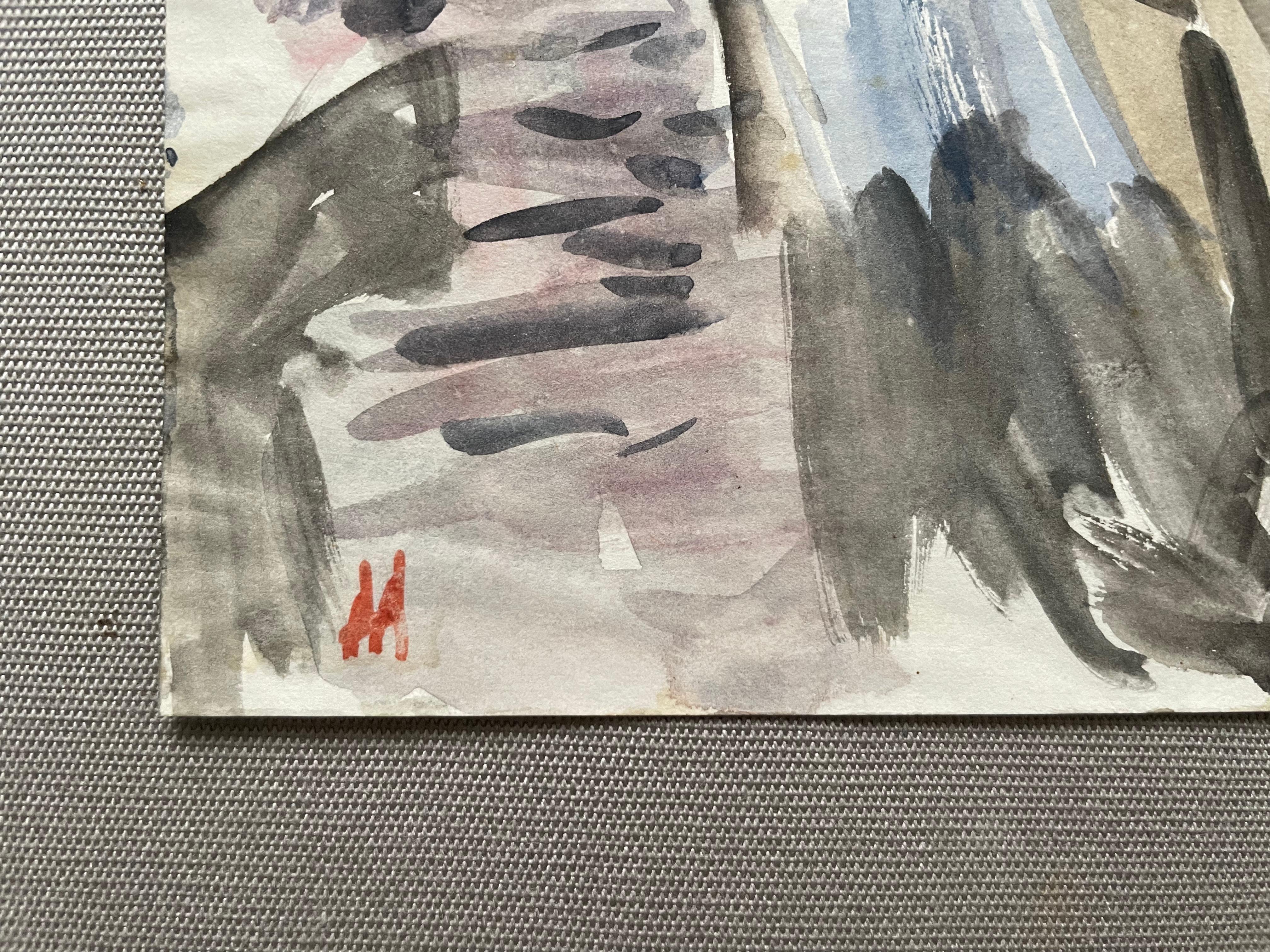 Coastal landscape.
Watercolor.
Red stamp to identify.
Very small foxing, very light water stains.
20 x 27 cm