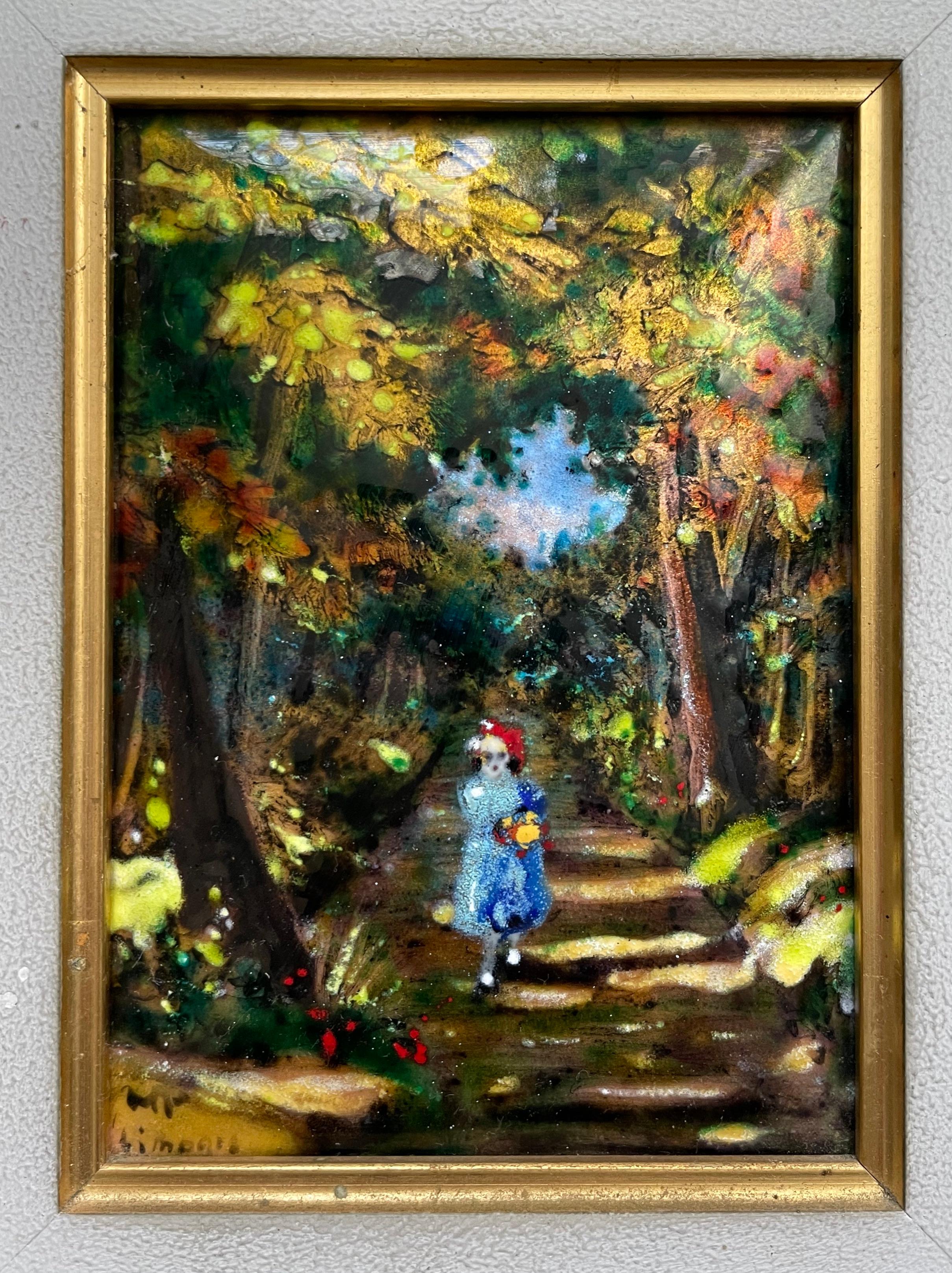 Émail de Limoges, monogramme à identifier.
Femme sur un chemin.
Bon état.
Émail (en vue) : 14 x 10 cm
Cadre : 23,5 x 19,5 cm
