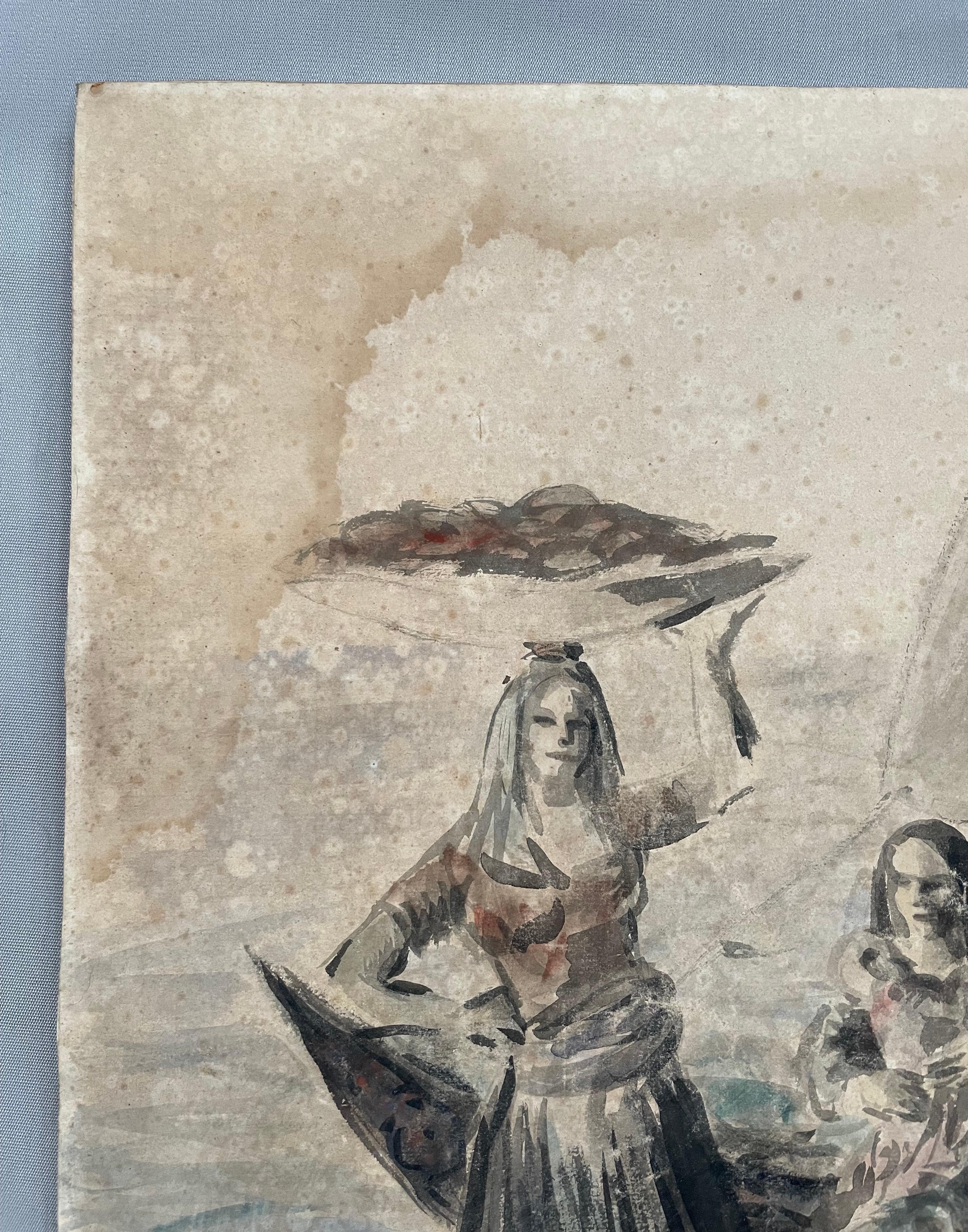 Massalia, di ritorno dalla pesca.  
Acquerello firmato e datato 1933. 
Carta laminata su cartone.  
Firma da identificare.  
Macchia d'acqua in alto a sinistra, esposizione al sole, foxing e piccoli graffi.  
56 x 53 cm.