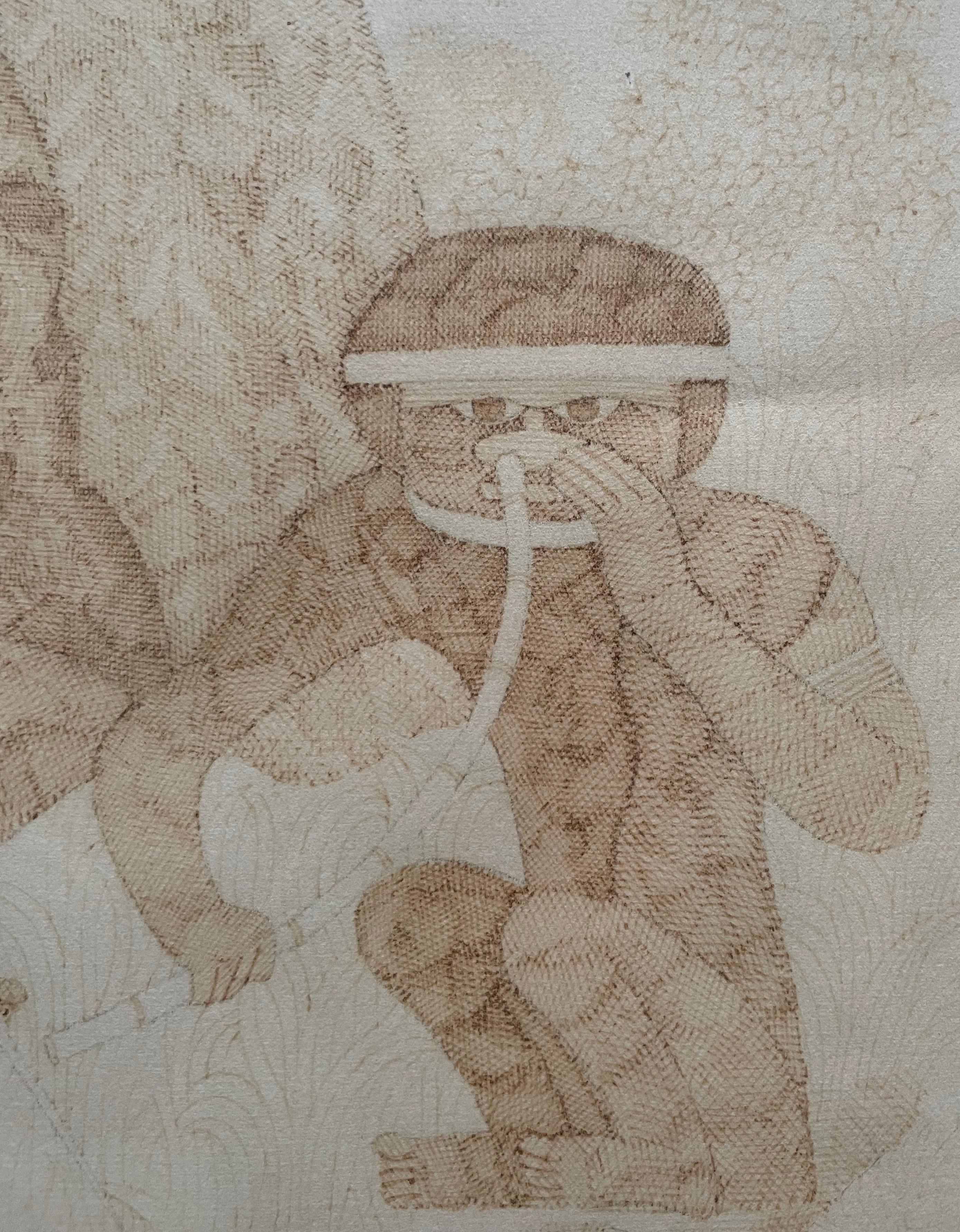 Kanak drawing in brown ink.  
Trace of signature or annotations at the bottom right.  
A slight water stain at the bottom right. Ink a little faded.  
Drawing framed, under glass.  
Frame: 65.5 x 50 cm.