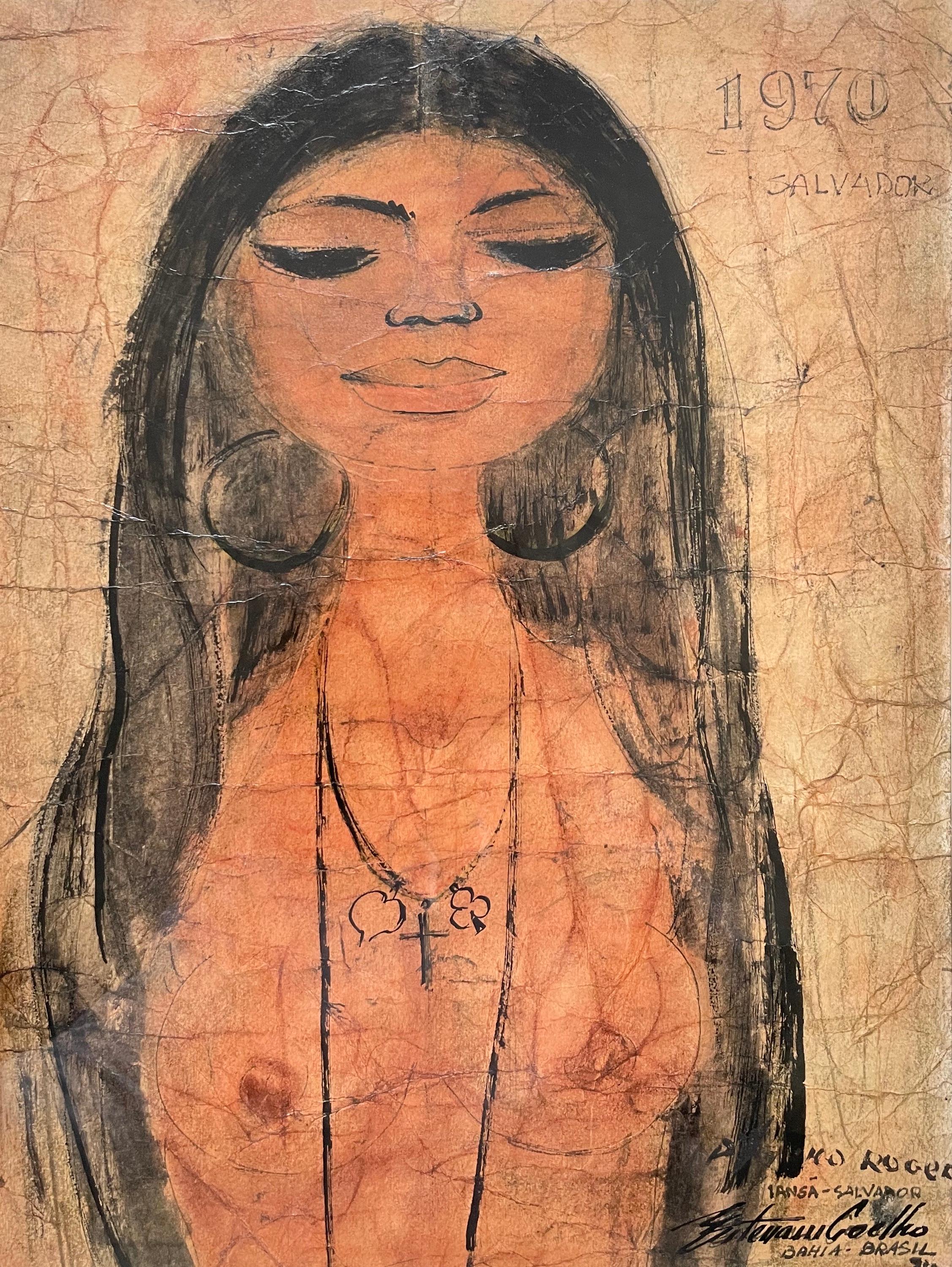 Portrait of a woman, mixed technique on paper, ink and watercolour or chalk?
Signature to be identified.  
Located in Bahia, Brazil in 74.  
Drawing framed and under glass.  
Good condition, very small lack of veneer on the frame.  
Drawing (on