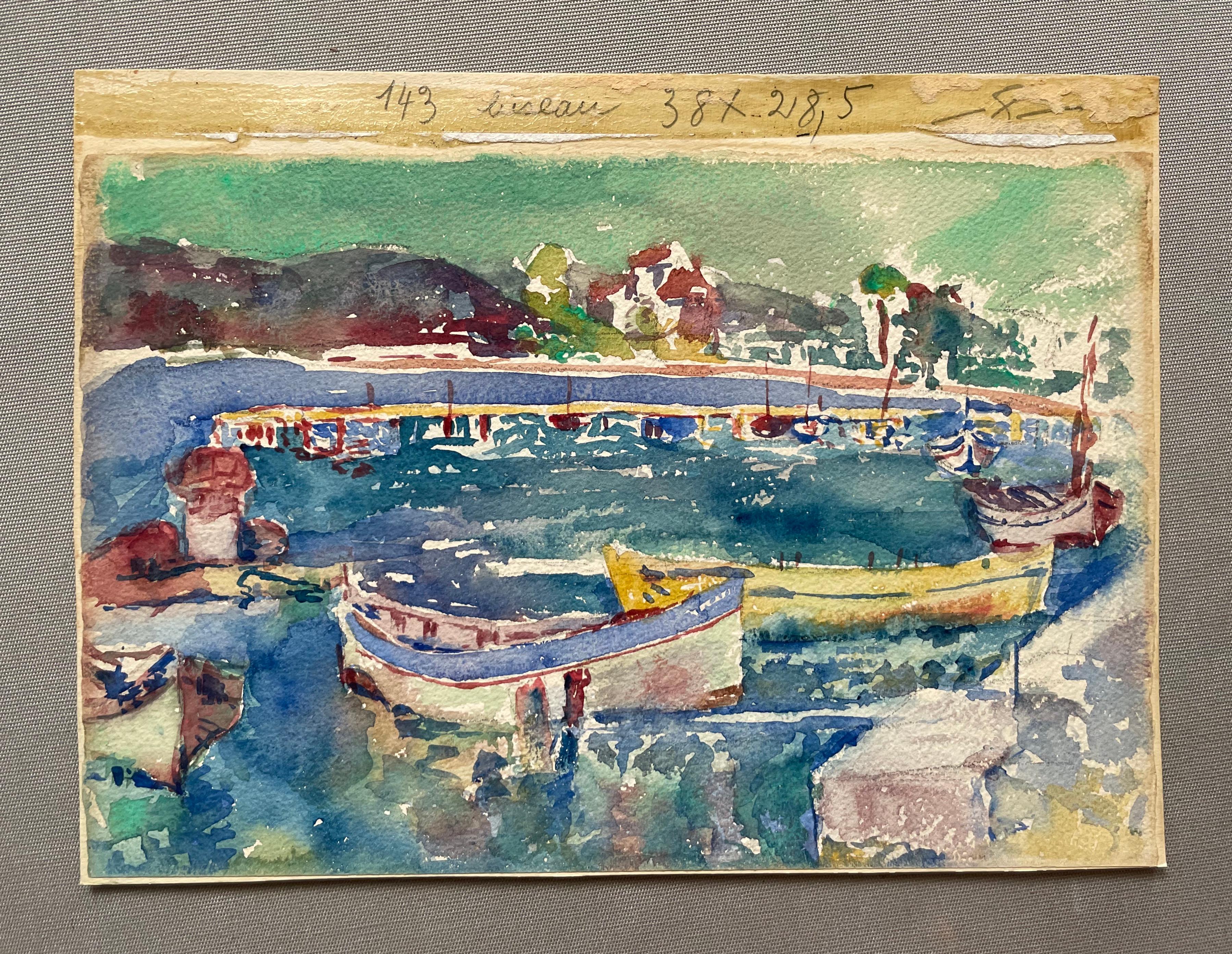 Blick auf den Hafen, Aquarell – Art von Unknown