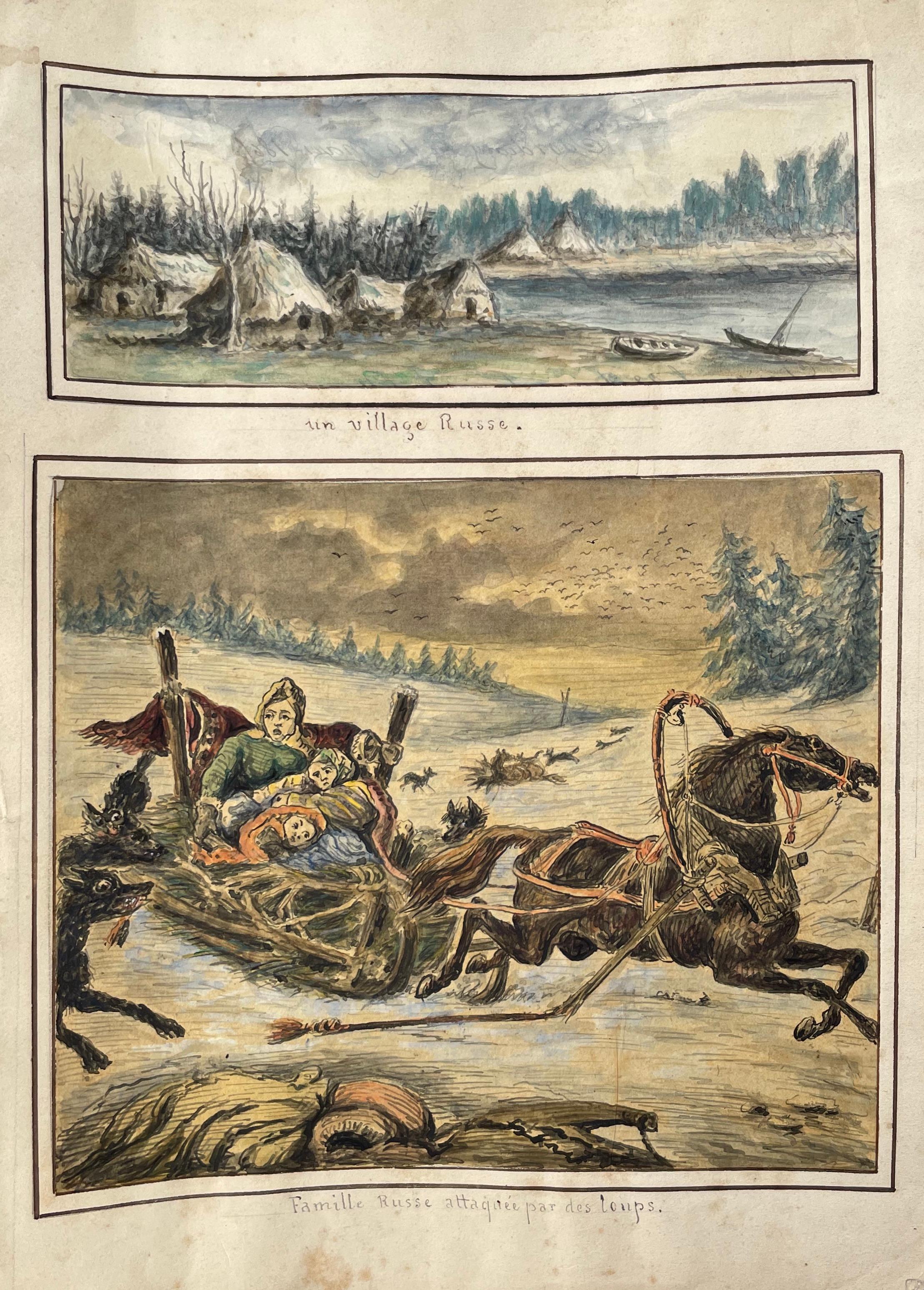 Familia rusa atacada por lobos, acuarela de viaje, siglo XIX - Art de Unknown