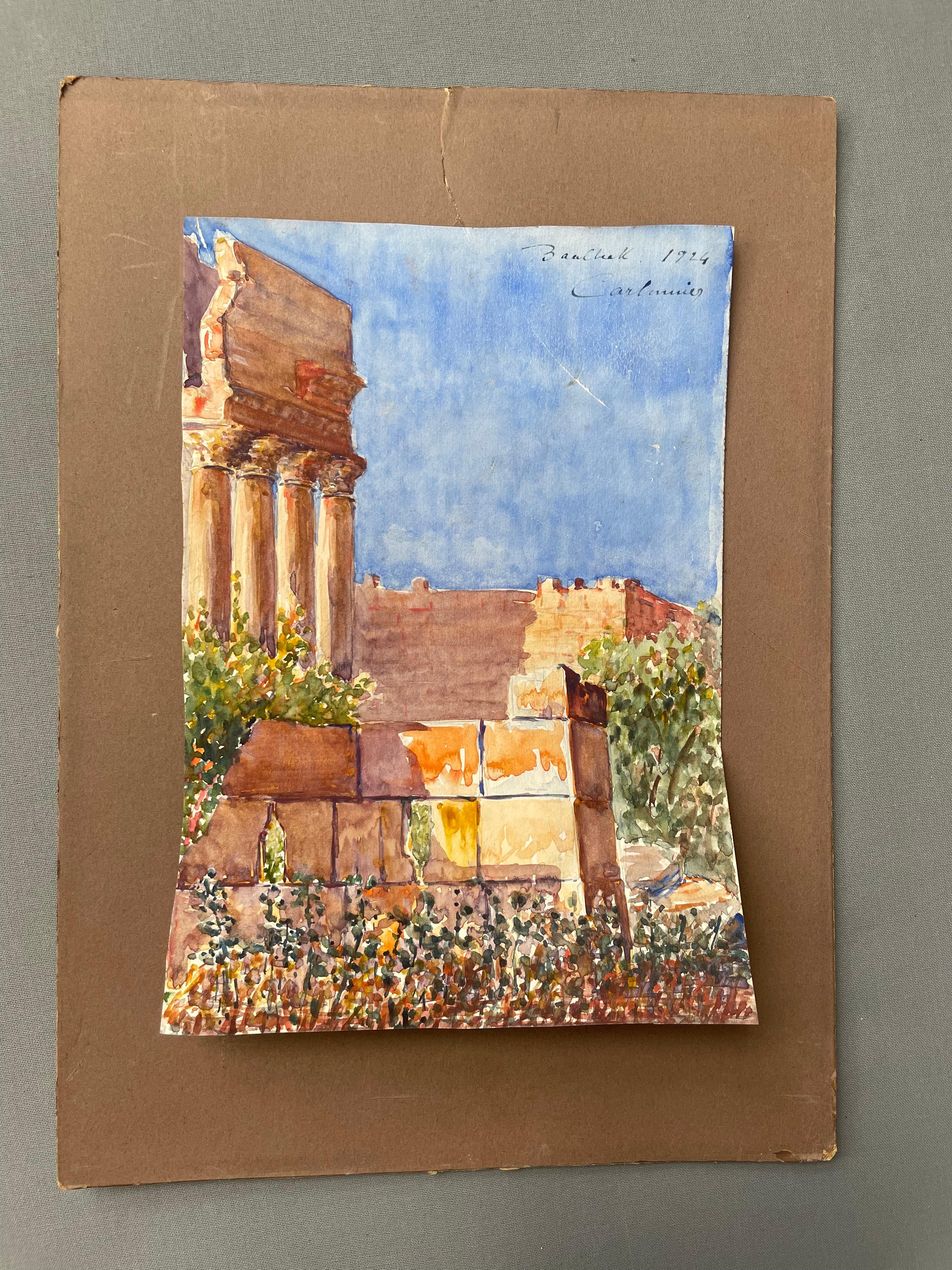 Rovine di Baalbek, Libano, acquerello firmato Carbonnier 1924 - Art di Unknown