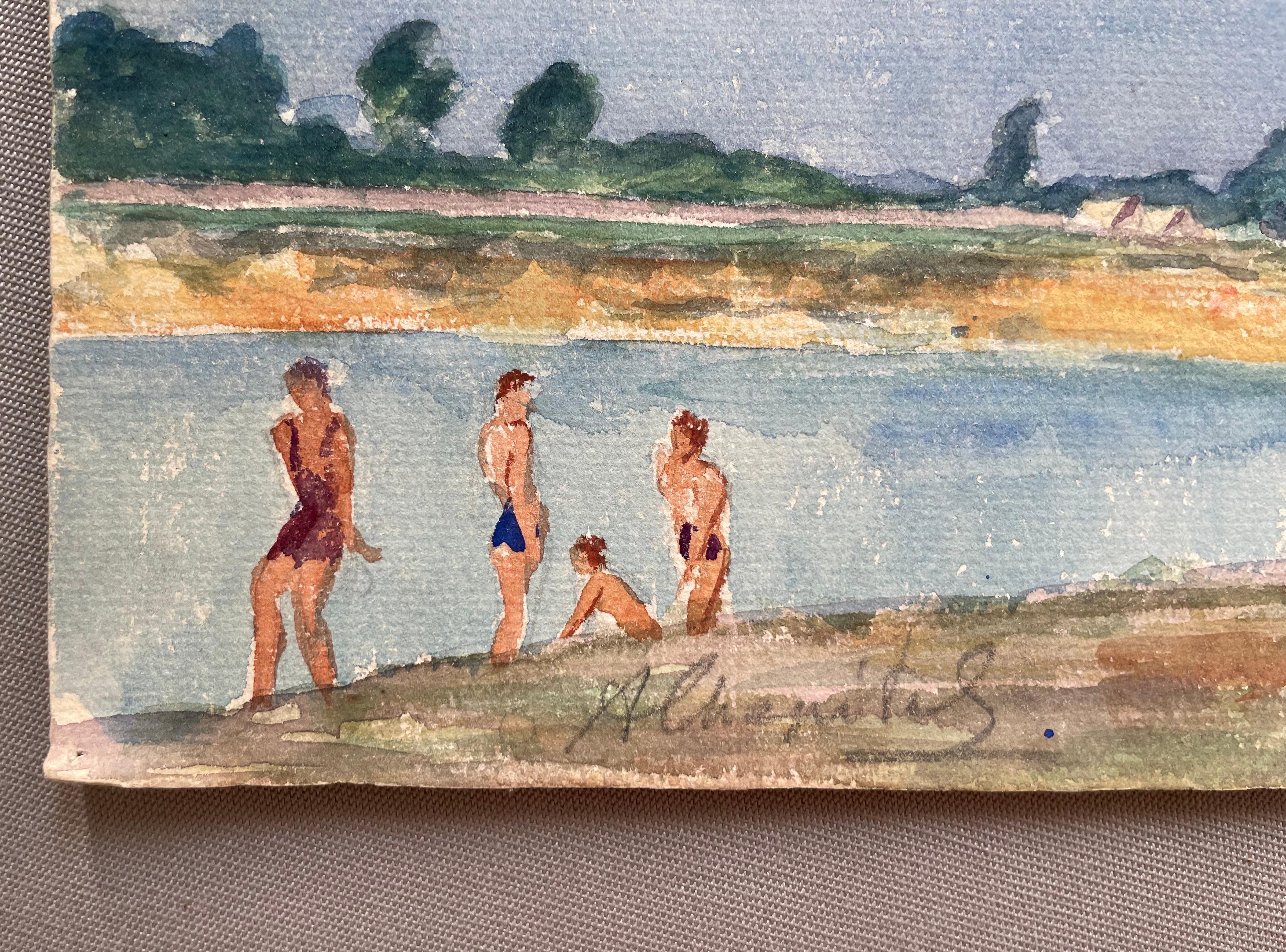 Scena di bagno, acquerello di A. Chapitel - Landscape Art Grigio di Unknown