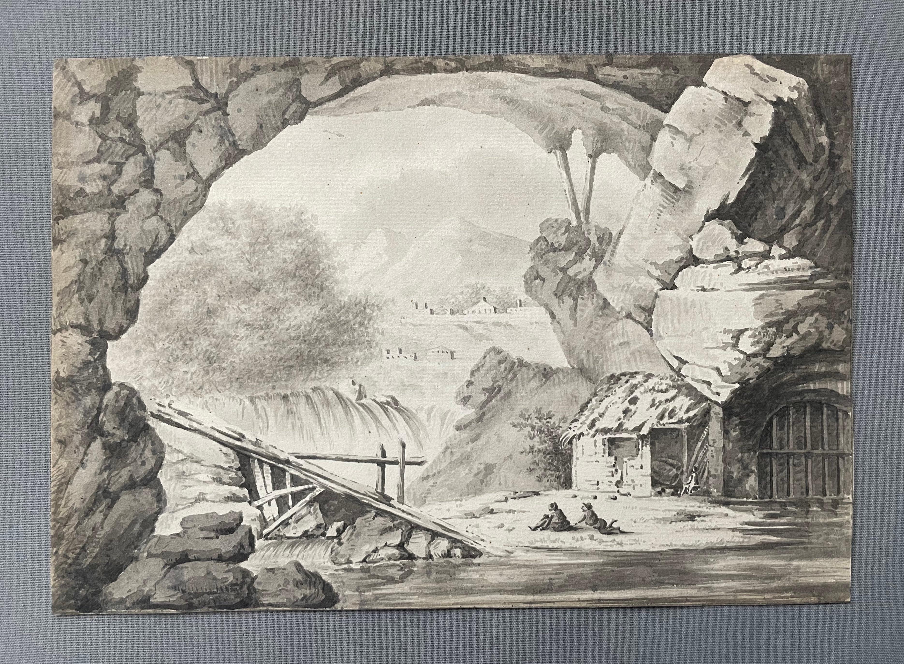 Cascada Vista Desde Una Cueva, Lavado De Tinta, Dibujo