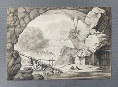 Wasserfall aus einer Höhle gesehen, Tusche, Zeichnung