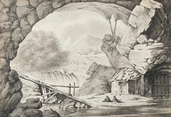 Cascade vue d'une grotte, lavis d'encre, dessin
