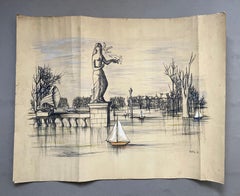 Bernard Duc, Surrealist Underwater Landscape, Large Format Drawing