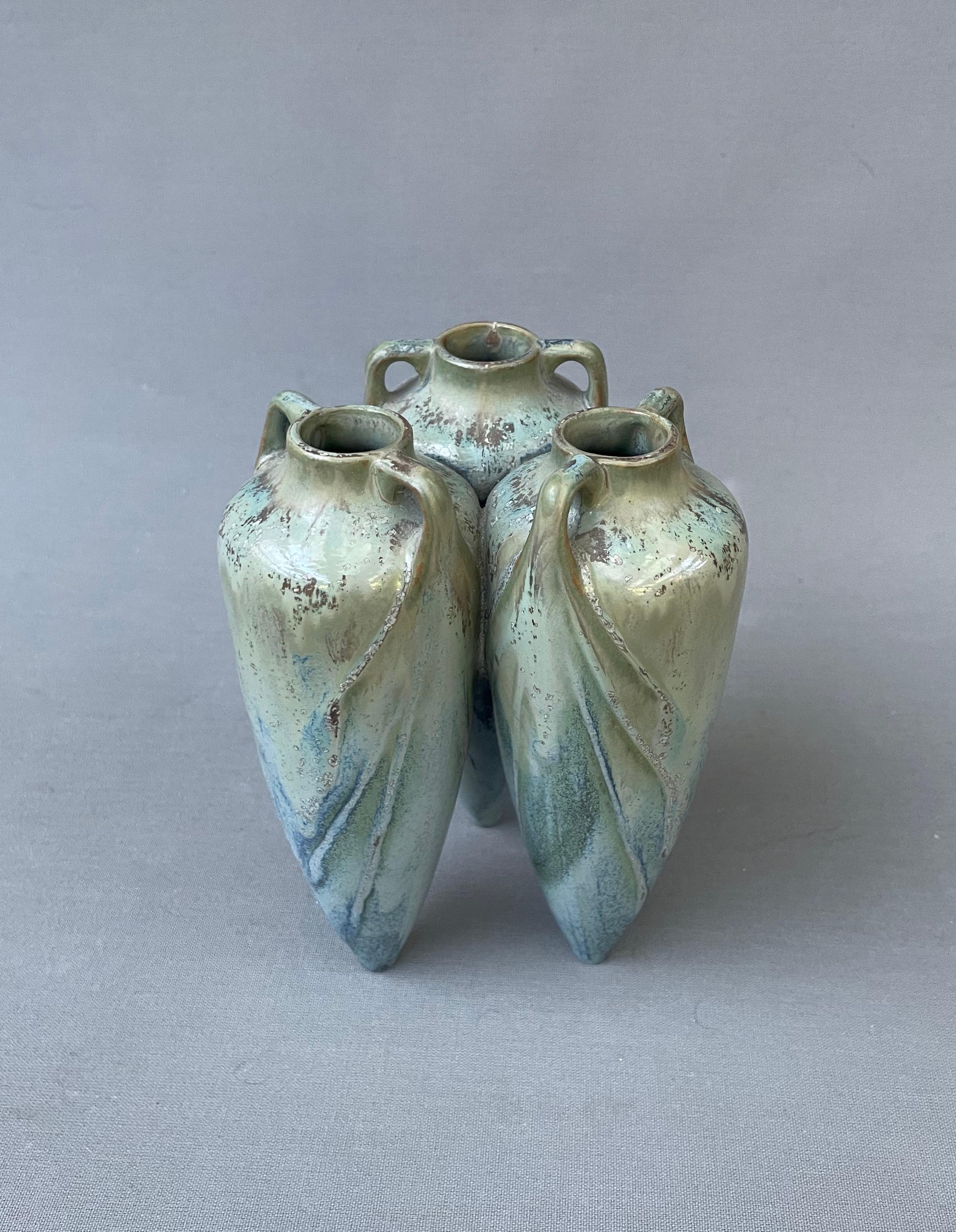 Flamed Stoneware Vase With Three Adjoining Amphorae For Sale 1