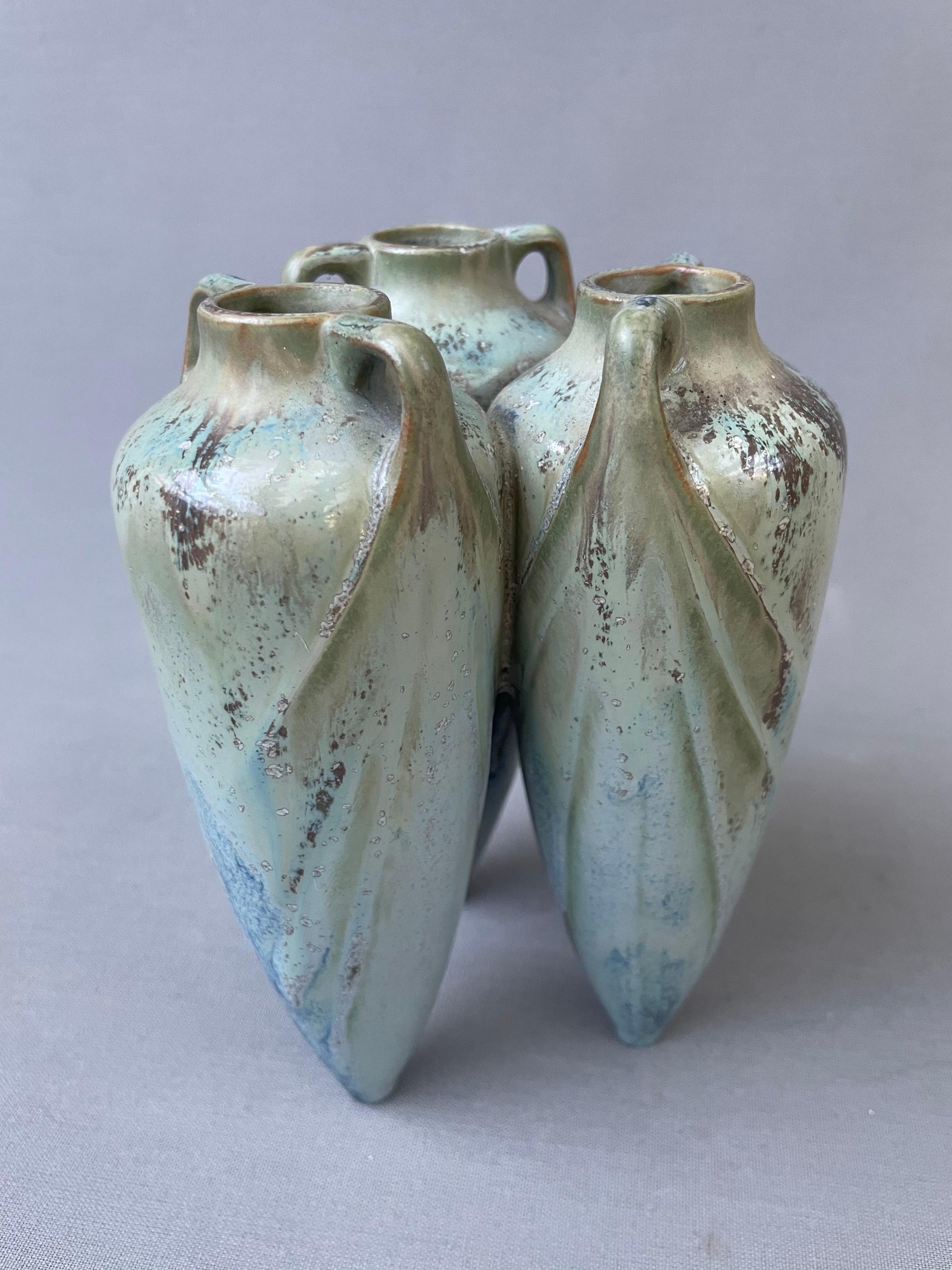 Flamed Stoneware Vase With Three Adjoining Amphorae For Sale 3