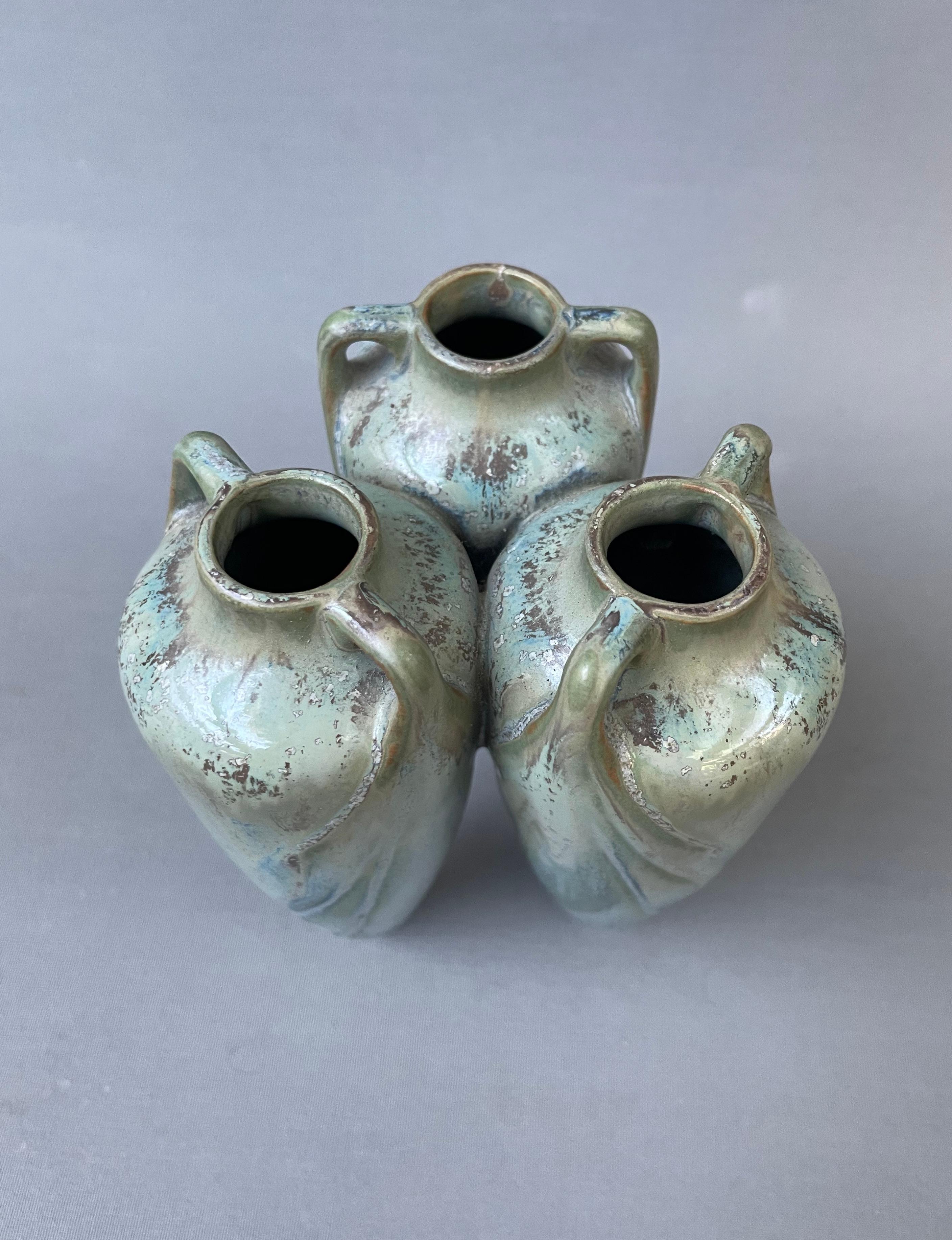 Flamed Stoneware Vase With Three Adjoining Amphorae For Sale 2