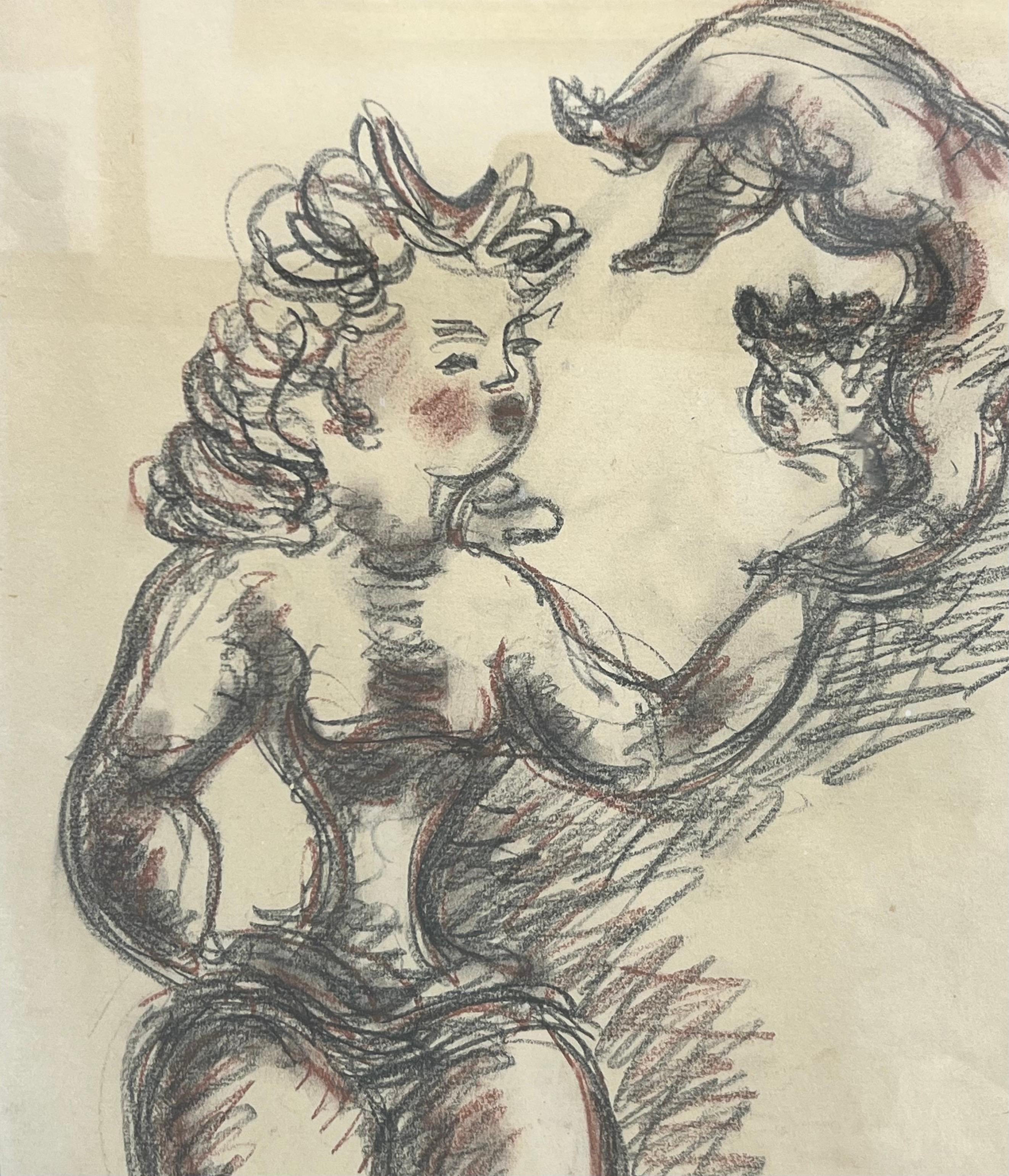Chain Gross Acrobat with Cat Original Drawing from The Acrobats series, Signed - American Modern Art by Chaim Gross