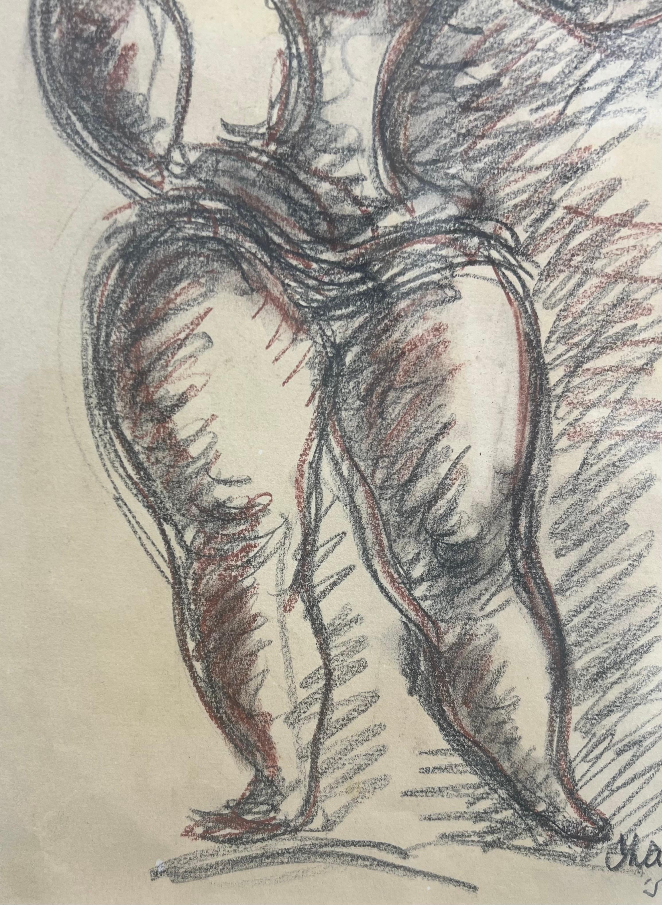 
Chaim Gross (American, 1904–1991) Acrobat with Cats, ca. 1950s
Original drawing from The Acrobats series, Signed and dated lower right

This expressive ink and wash drawing by Chaim Gross features a stylized female figure—likely an