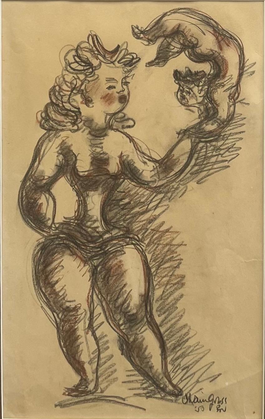 Chain Gross Acrobat with Cat Original Drawing from The Acrobats series, Signed - Art by Chaim Gross