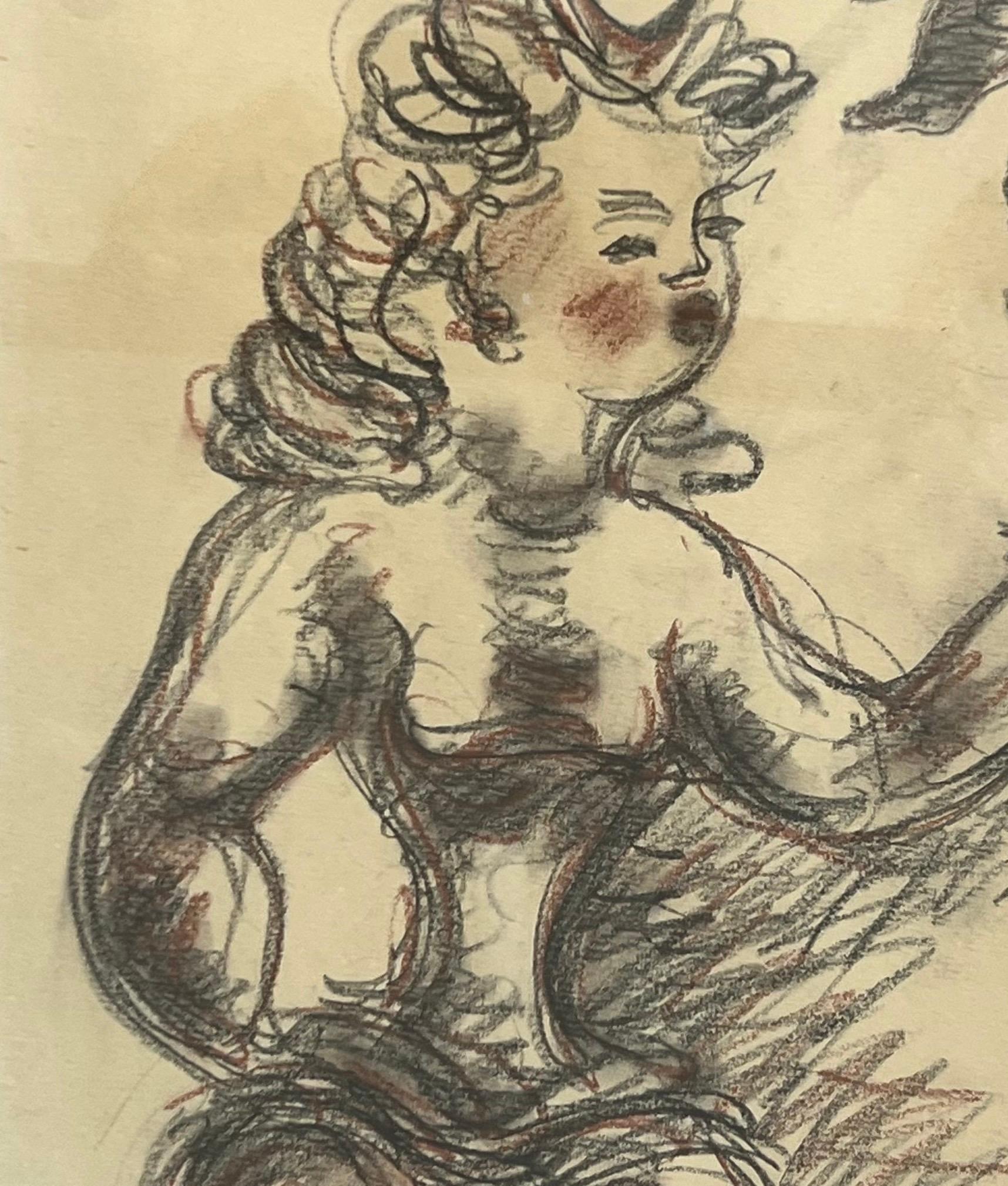Chain Gross Acrobat with Cat Original Drawing from The Acrobats series, Signed - Gray Figurative Art by Chaim Gross