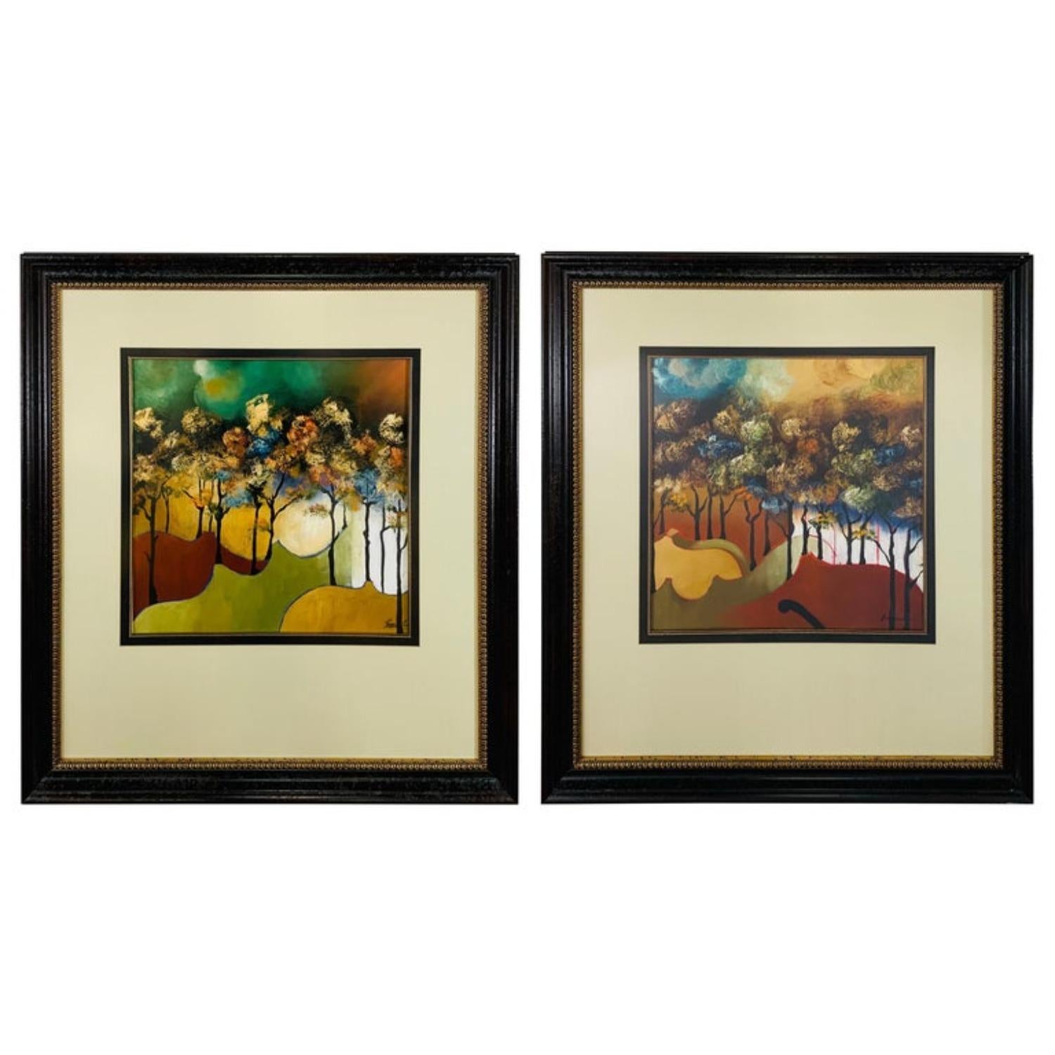 Unknown Abstract Drawing - Abstract Landscape Water Color Painting Signed and Frame, a Compatible Pair