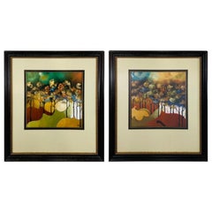 Retro Abstract Landscape Water Color Painting Signed and Frame, a Compatible Pair