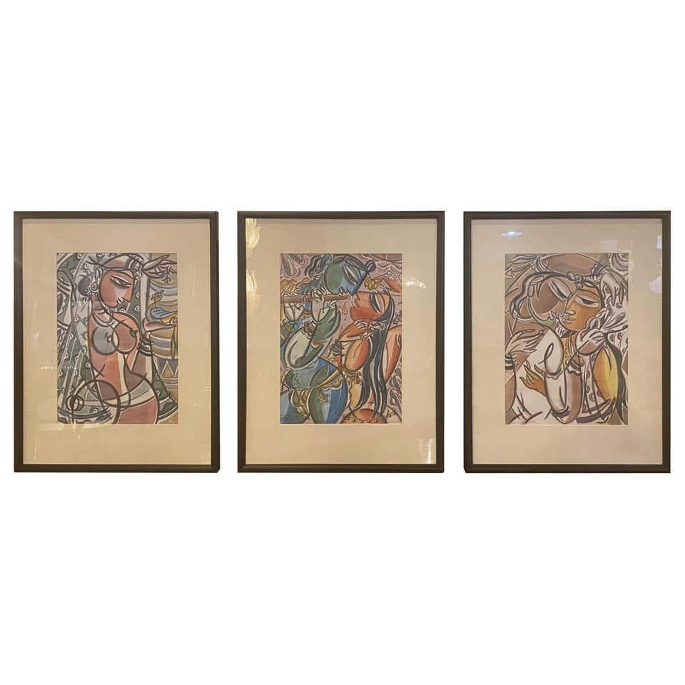 Unknown Figurative Art - Man and Woman Figurative Water Color Paintings in the Style of Picasso, Set of 3