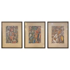 Man and Woman Figurative Water Color Paintings in the Style of Picasso, Set of 3