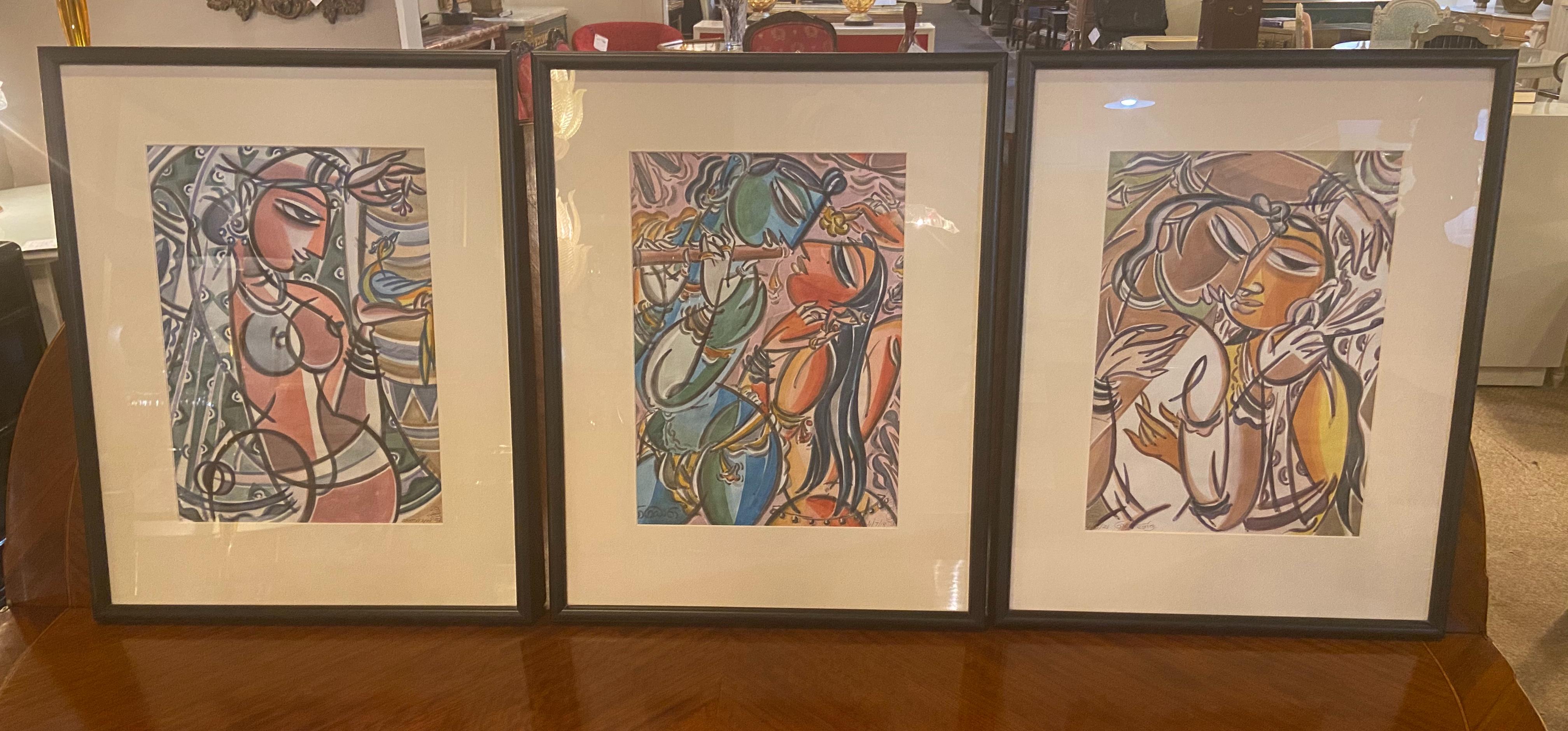 Man and Woman Figurative Water Color Paintings in the Style of Picasso, Set of 3 - Art by Unknown