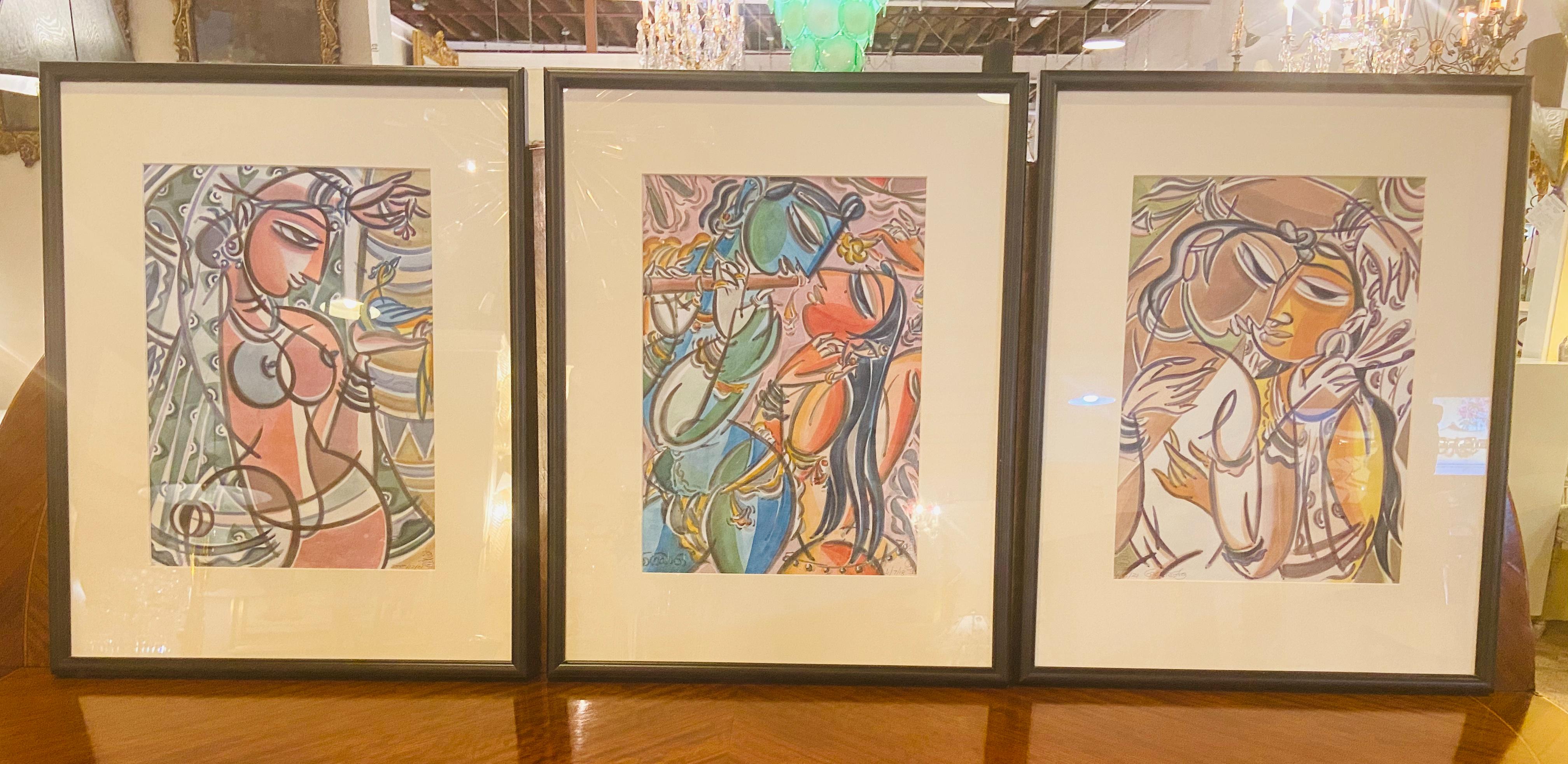 A group of three Picasso style figurative water color paintings depicting a man and a woman with an erotic flair. The paintings are framed and signed.