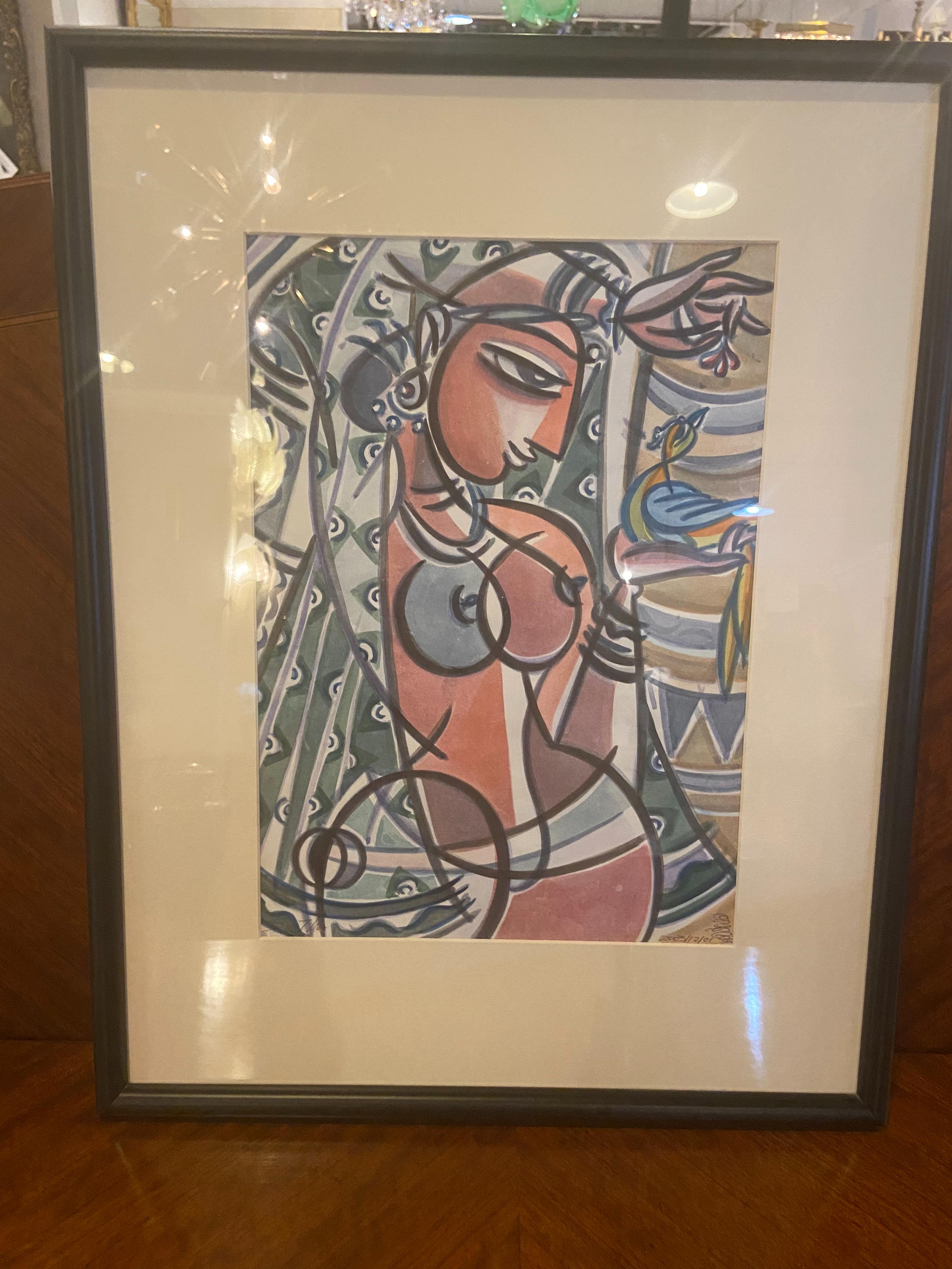 Man and Woman Figurative Water Color Paintings in the Style of Picasso, Set of 3 For Sale 1