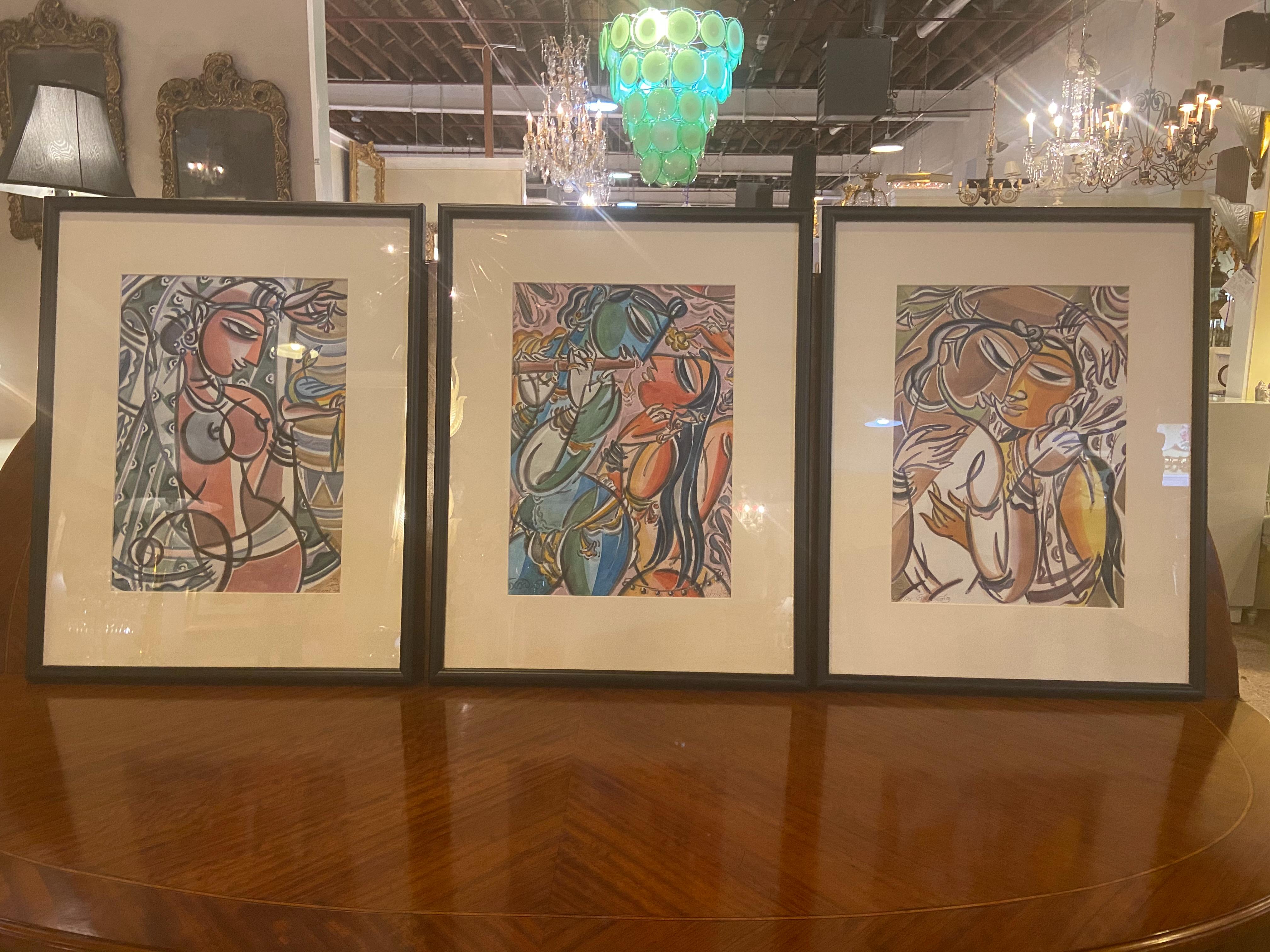 Man and Woman Figurative Water Color Paintings in the Style of Picasso, Set of 3 - Modern Art by Unknown