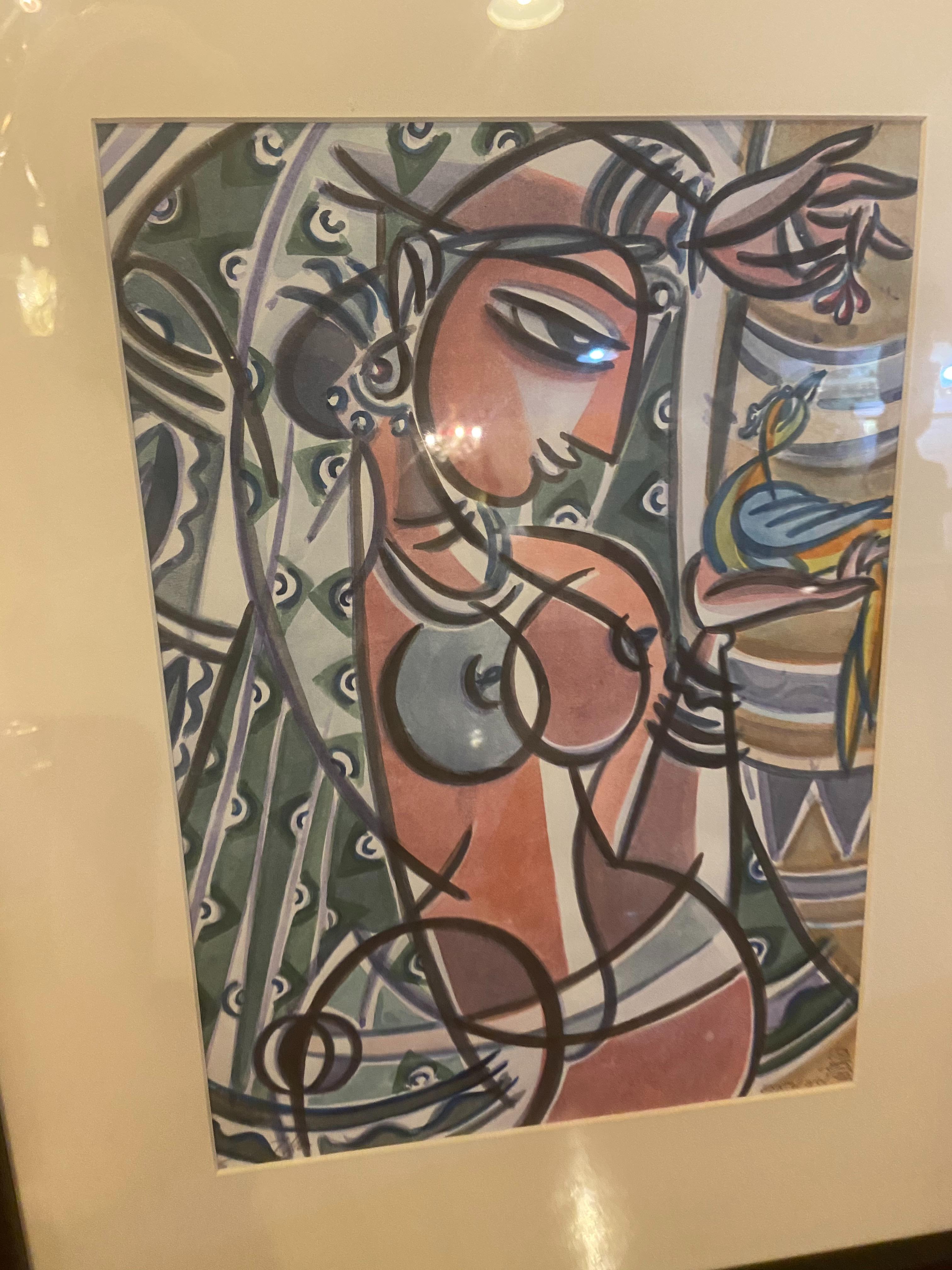 Set von 3 figurativen Aquarellgemälden von Mann und Frau im Stil von Picasso, Mann und Frau im Angebot 4