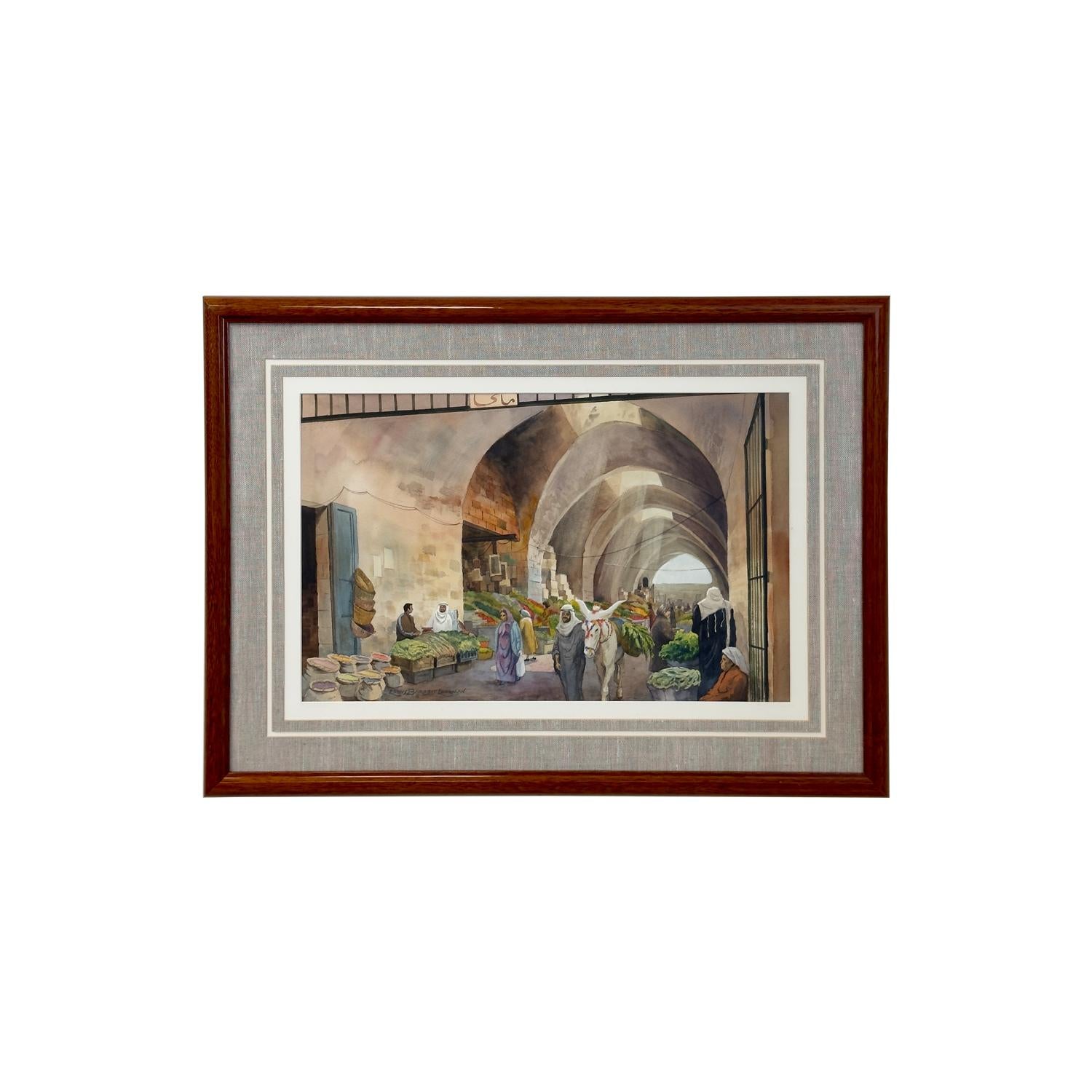 A Lewis Barrett Lehrman's watercolor painting entitled "Market, Old City," one is transported to the heart of a bustling souk nestled within the enigmatic alleys of a Middle Eastern city. Here, amidst the arcs of ancient architecture, the spirit of