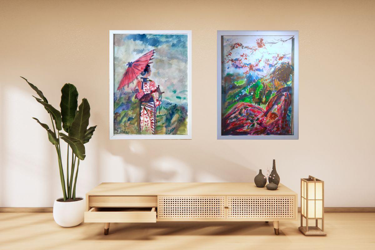 Landscape Art di Linda Clerget - Duetti sereni: Donne in kimono che abbracciano la Nature