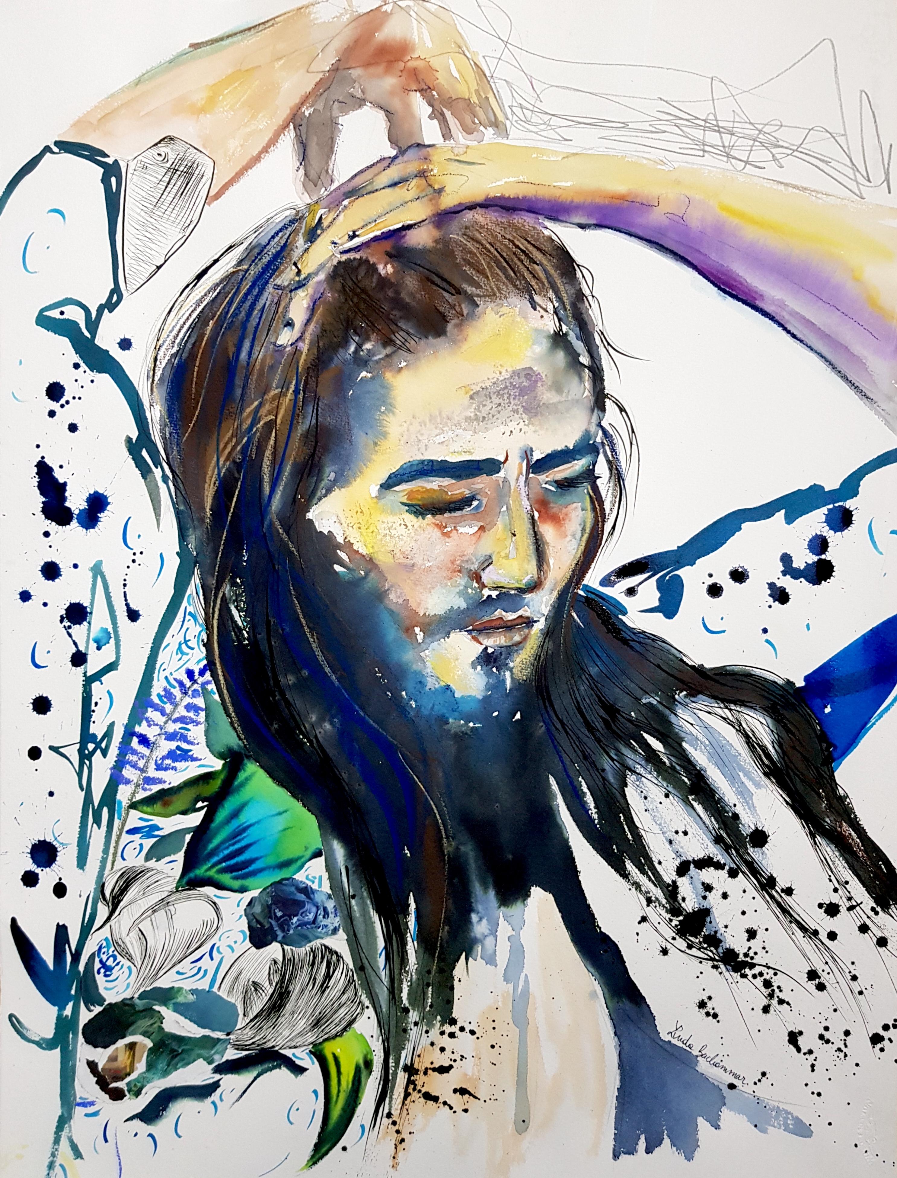 „Ataraxia“ – Ein faszinierendes Porträt in Aquarell, Tinte und Collage