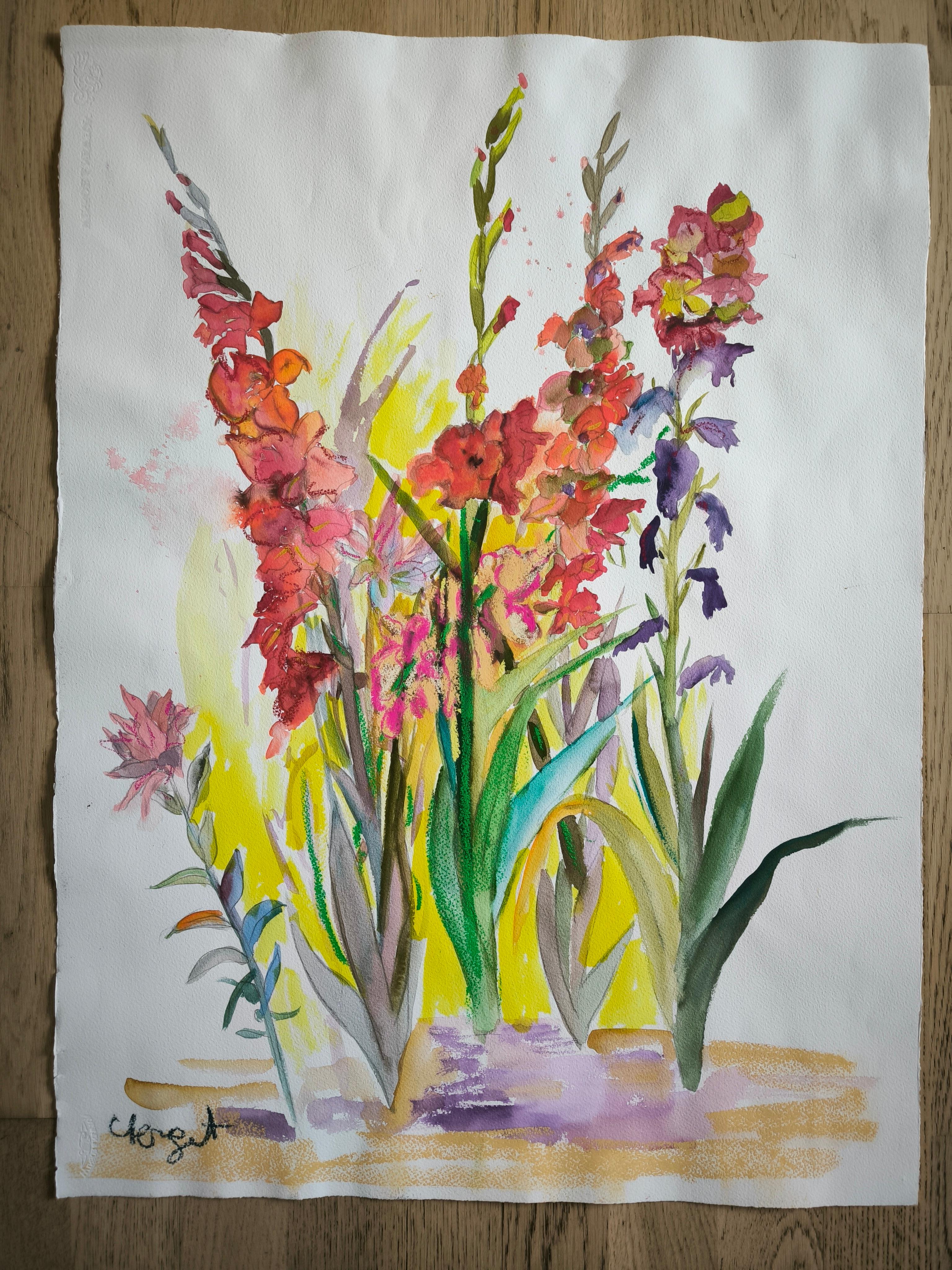 Œuvre florale sur papier «ladiolas in madness » en vente 1