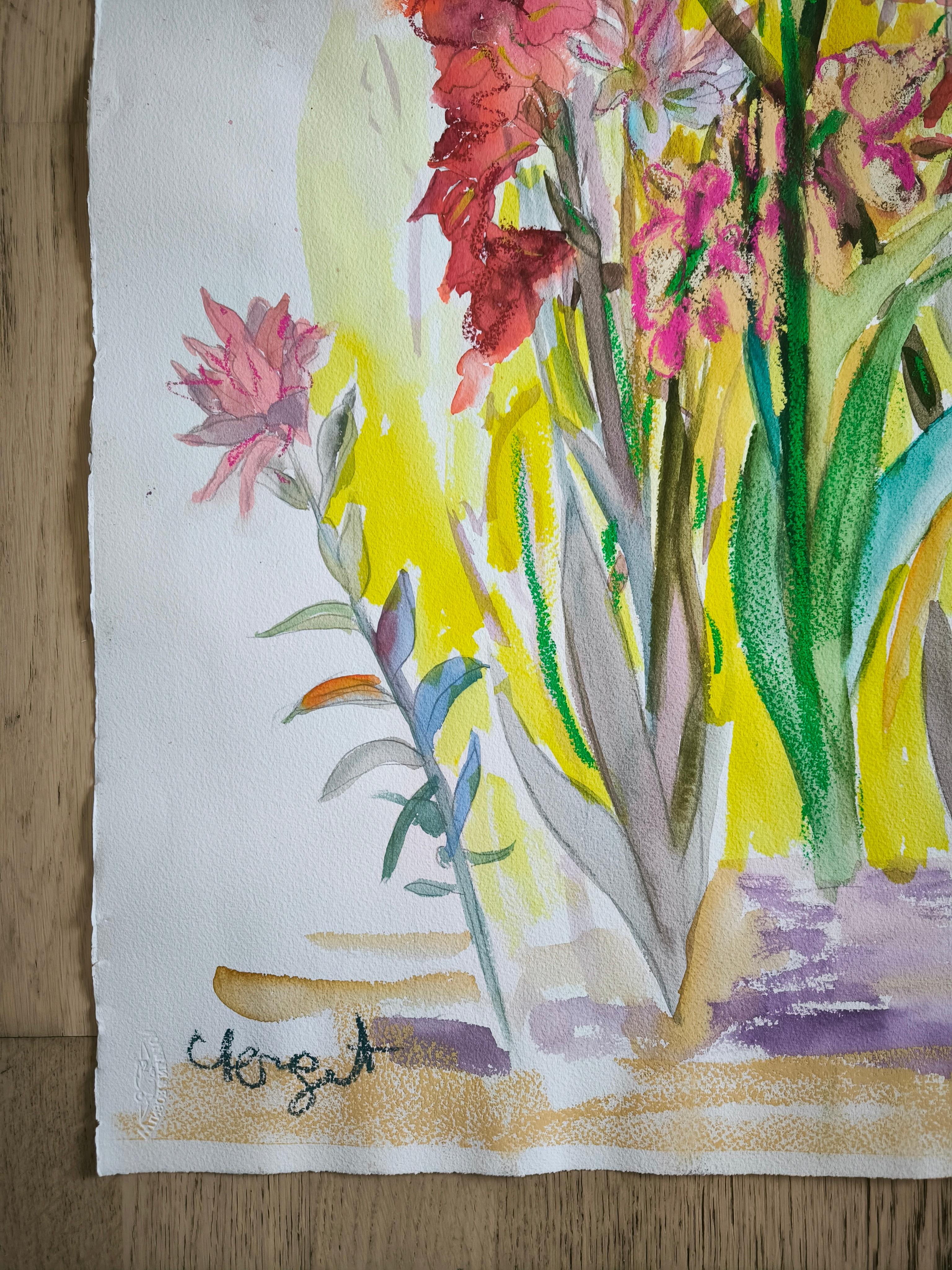 Œuvre florale sur papier «ladiolas in madness » en vente 2