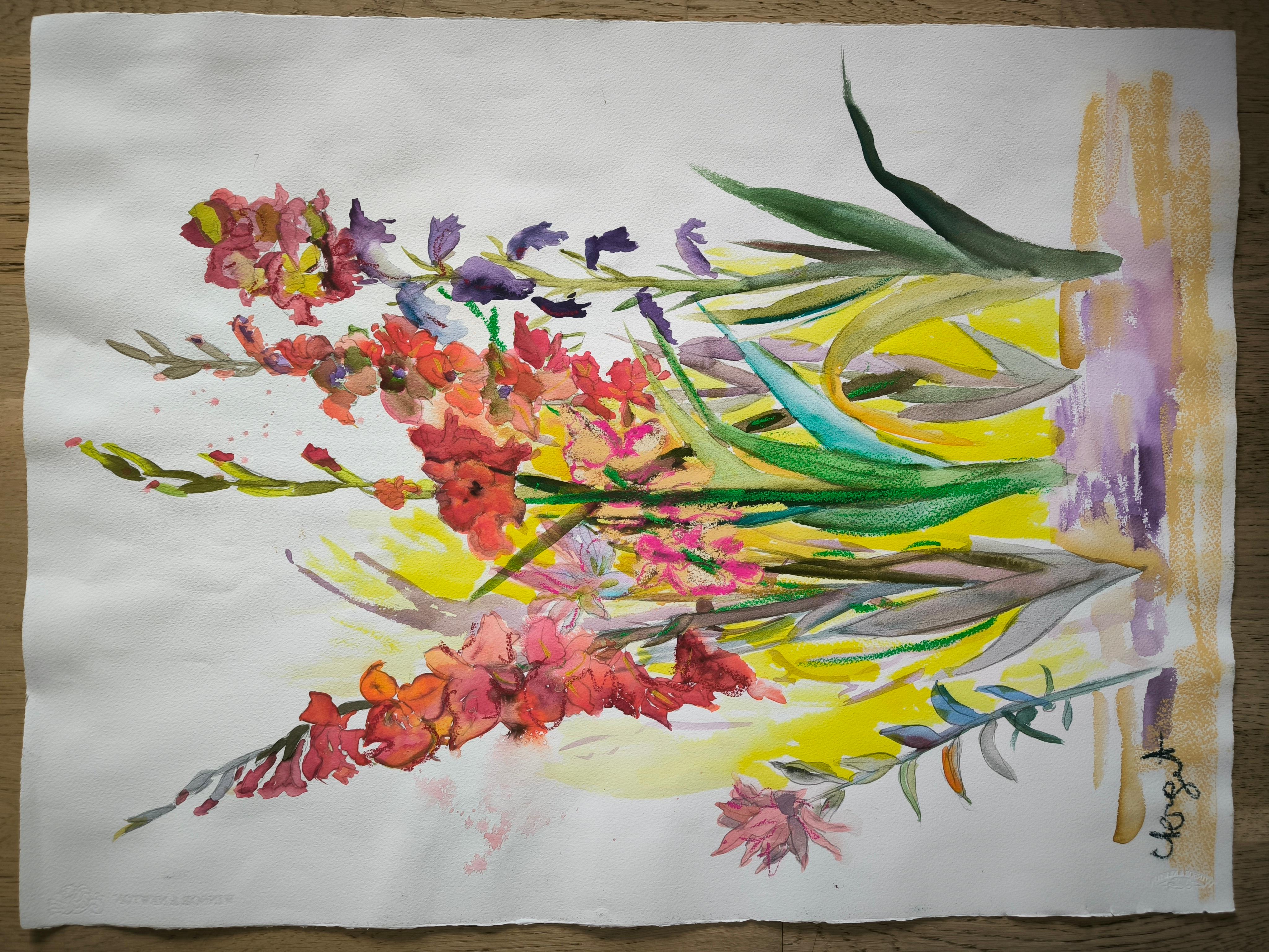 Œuvre florale sur papier «ladiolas in madness » en vente 3
