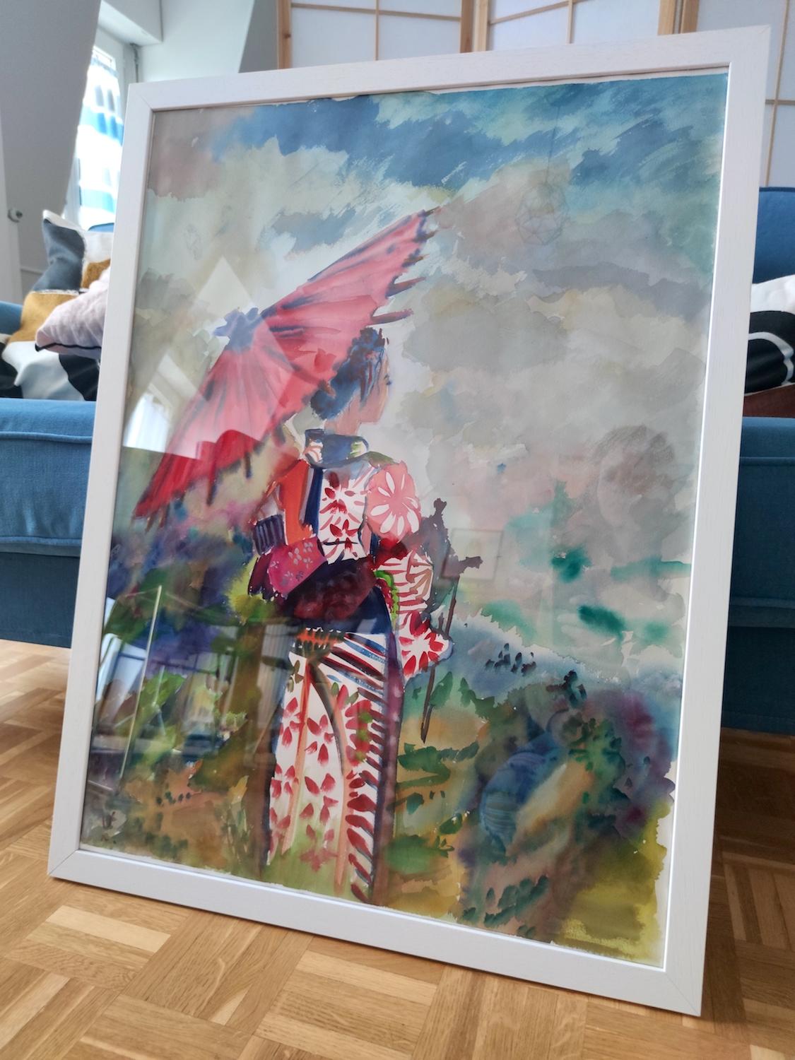 Capturing the essence of tranquility and grace, this breathtaking watercolor piece, measuring 56 x 76 cm, features a mesmerizing portrayal of two women adorned in elegant kimonos against enchanting landscapes. Brushstrokes delicately blend hues to