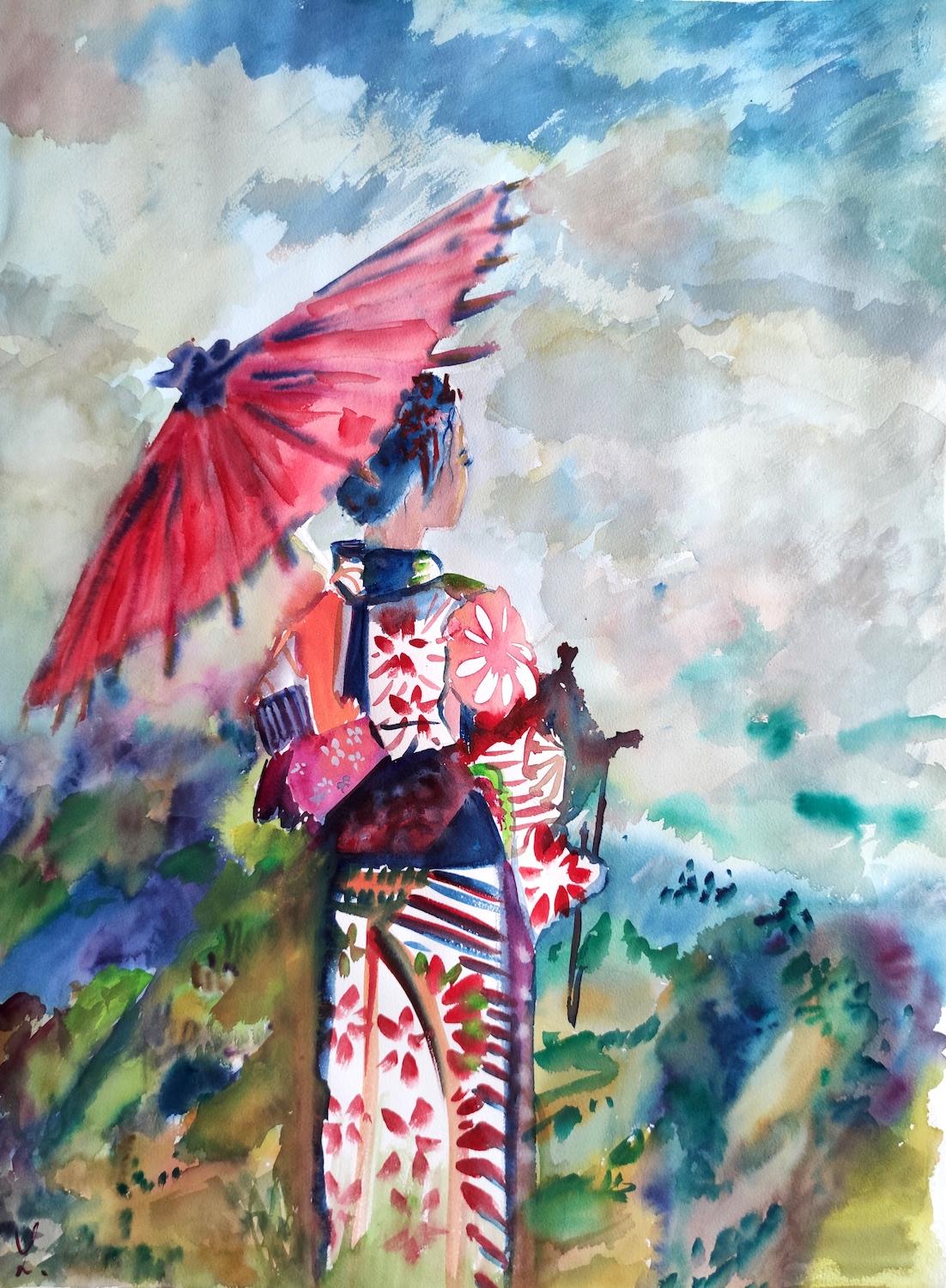 Serene Duets: Women in Kimonos Embracing Nature For Sale 2