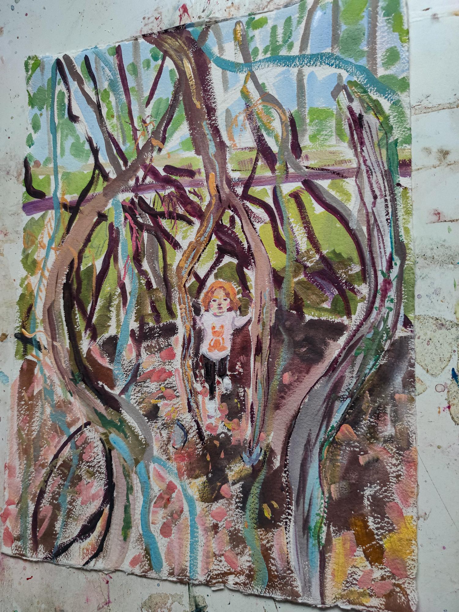 PICCOLO GUARDIANO DEL WOOD - Landscape Painting Grigio di Linda Clerget