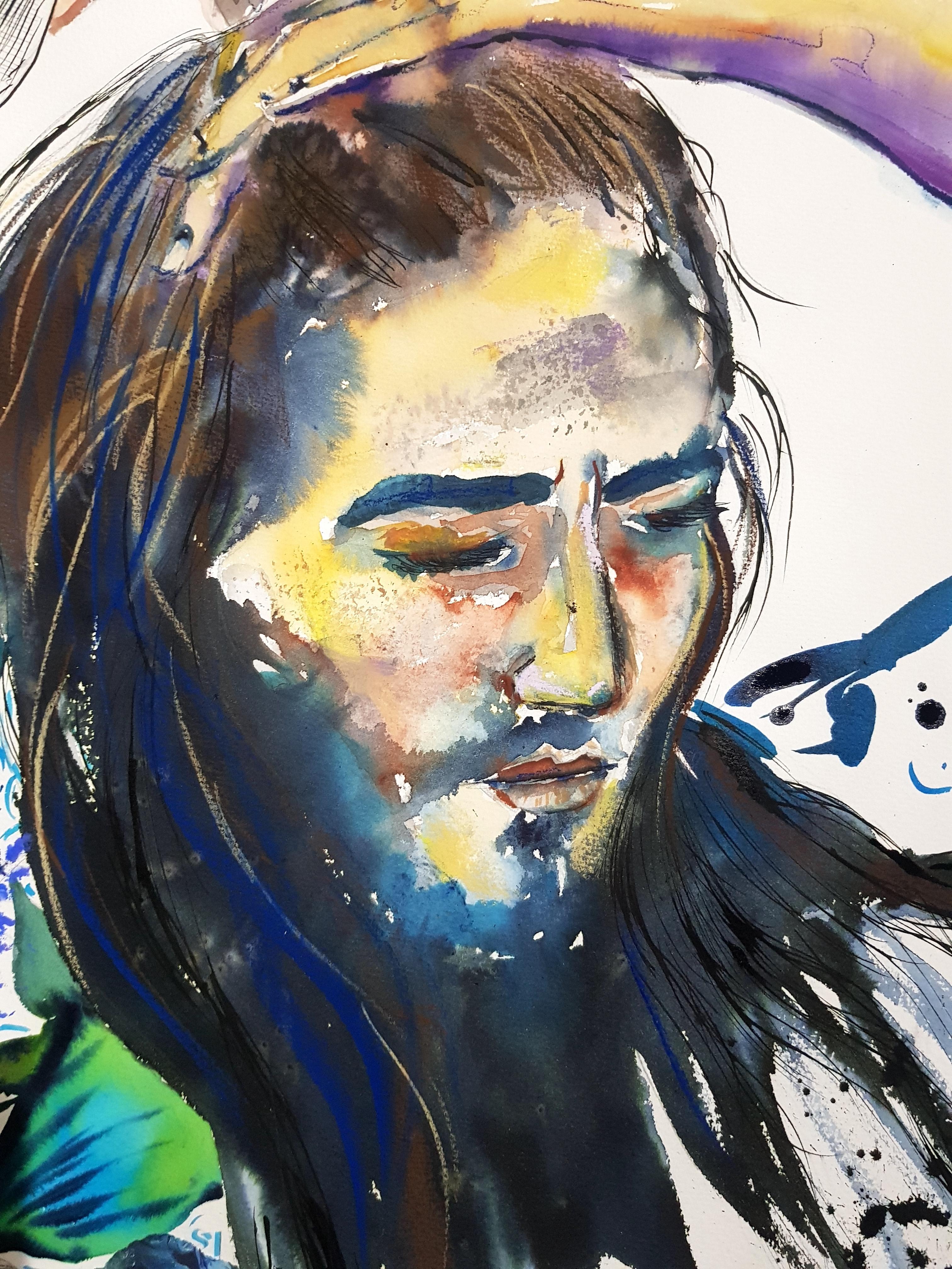 Este impactante retrato de 56 x 76 cm, creado por la artista Linda Clerget, es una hipnotizante exploración de la emoción, la introspección y la experiencia humana. Titulada 