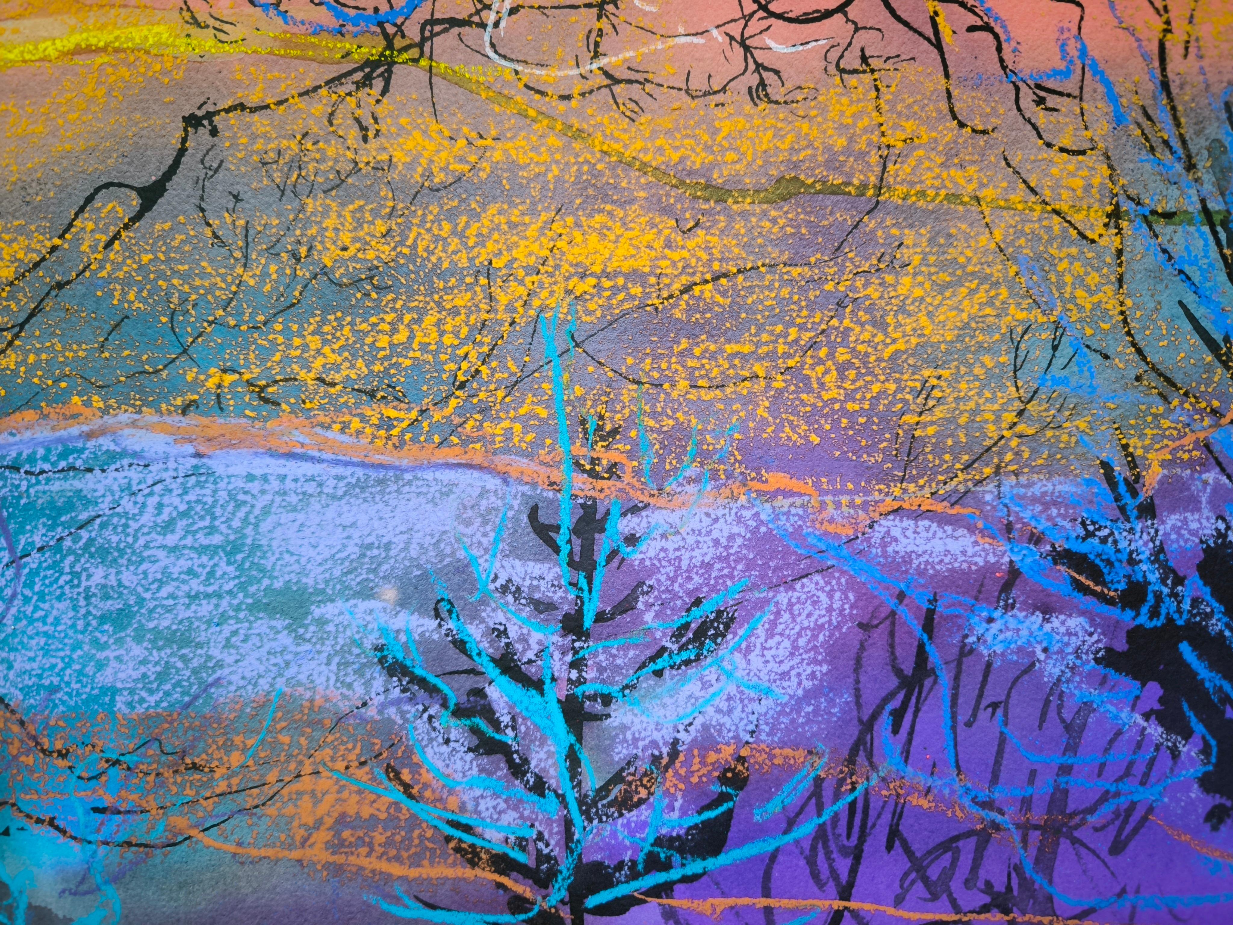 Winter Light de Linda Clerget est une œuvre d'art évocatrice qui combine l'aquarelle, l'encre et les pastels, mesurant 65 x 50 cm. Cette pièce capture la beauté sereine d'un paysage hivernal, où les bleus et les blancs doux se mélangent
