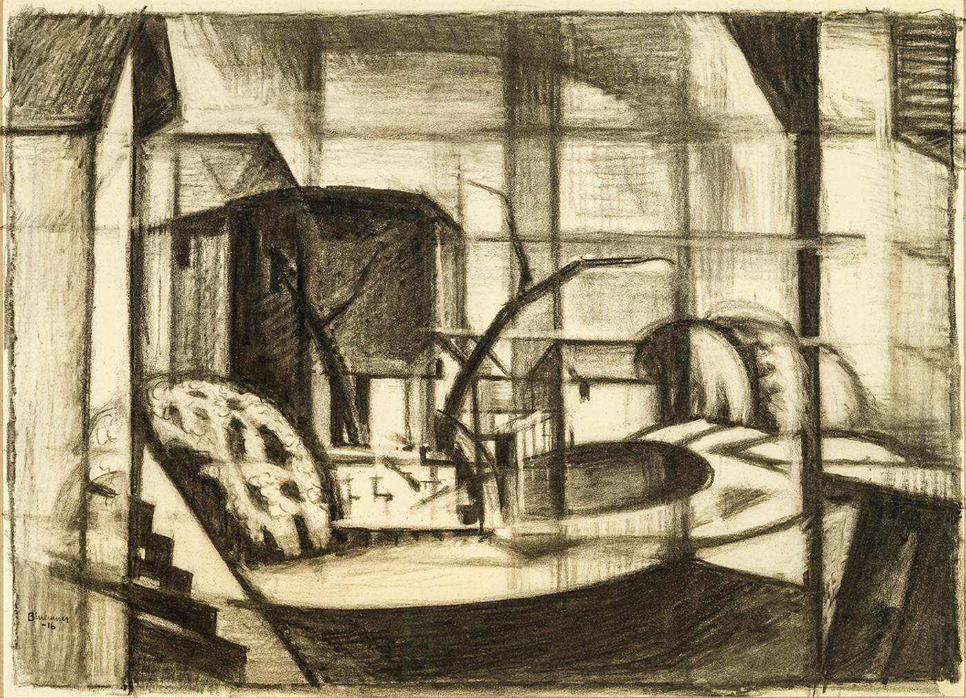 Oscar Florianus Bluemner Abstract Drawing - Study for Old Canal, Red and Blue (Rockaway, Morris Canal)