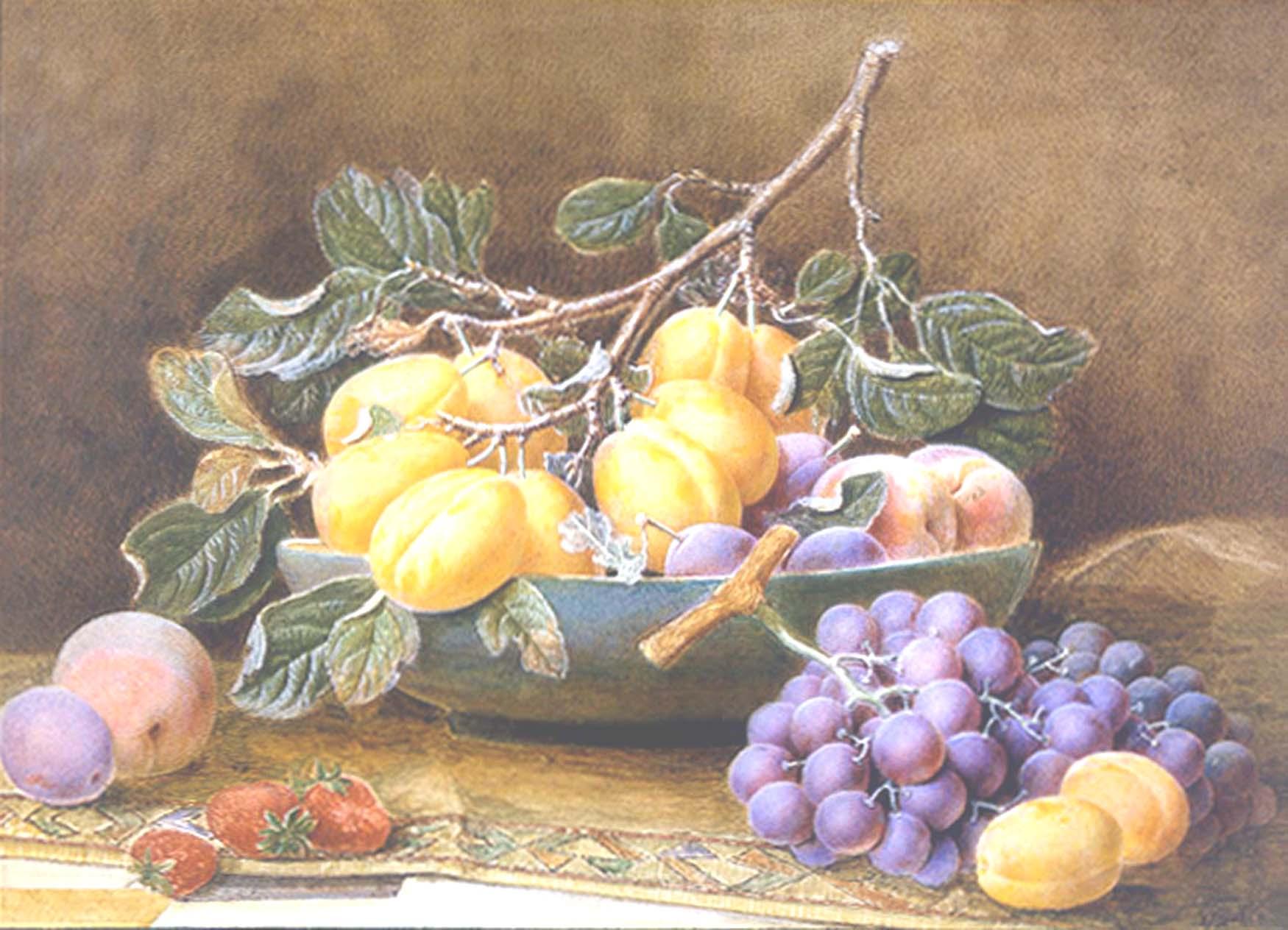 Das steife Leben der Pfirsiche, Pflaumen und Trauben 