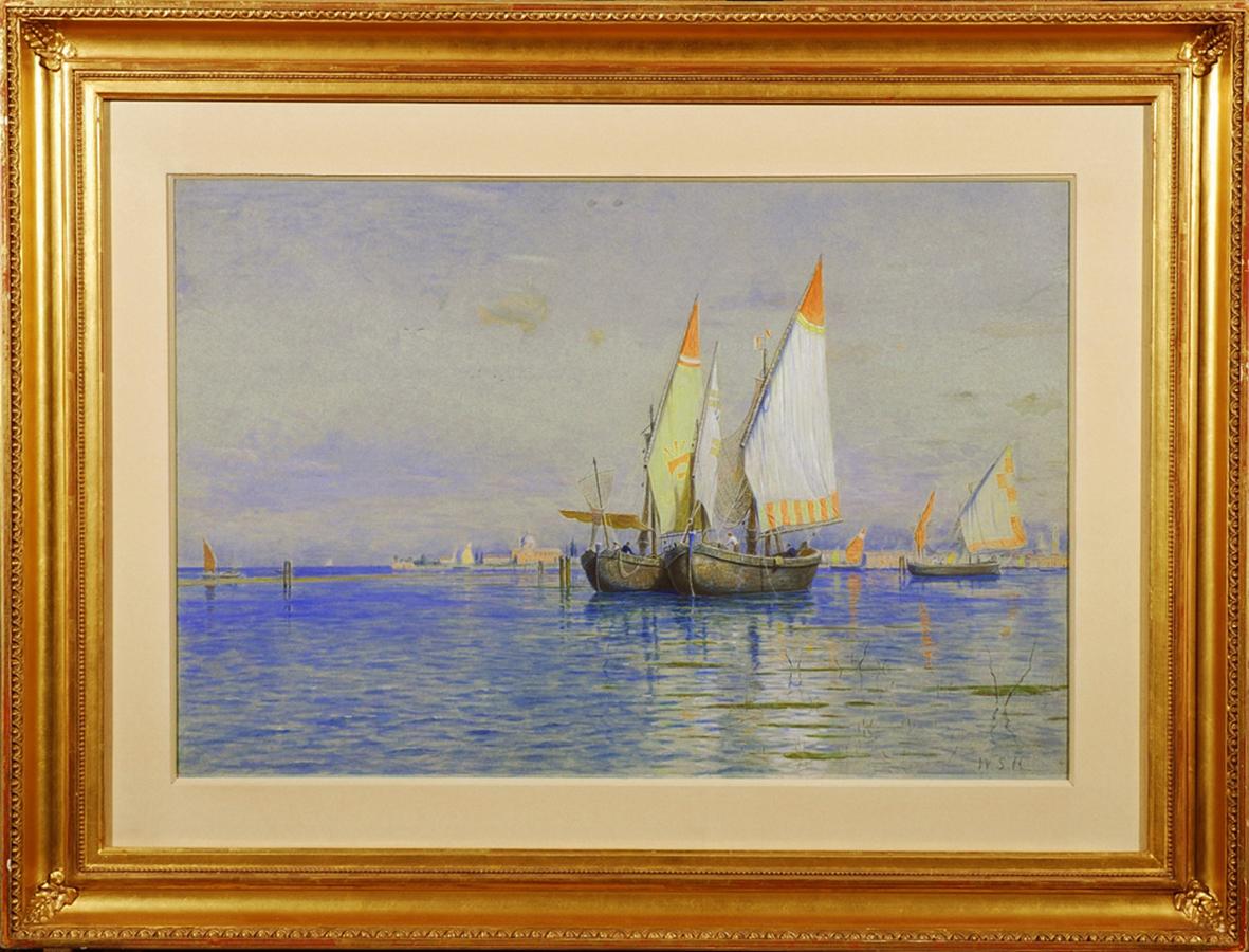 Fishing Boats, Venice - Gray Landscape Art by William Stanley Haseltine