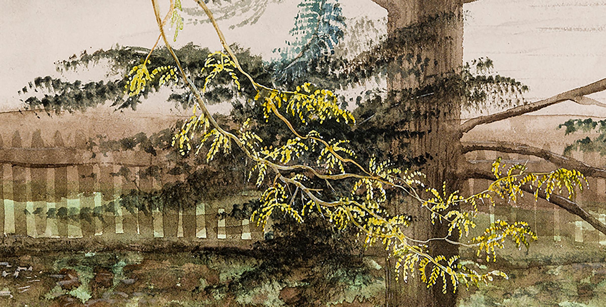 Baum und Zaun, East Hartford, Connecticut (Landschaft Neuengland)  (Amerikanischer Realismus), Art, von Charles De Wolf Brownell