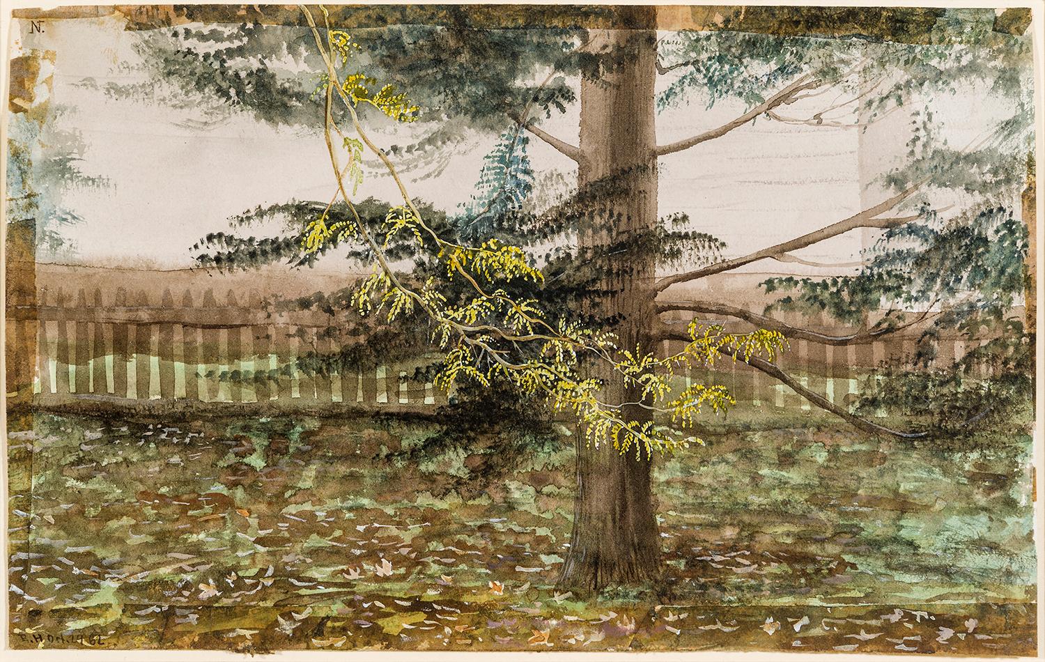 Charles De Wolf Brownell Landscape Art – Baum und Zaun, East Hartford, Connecticut (Landschaft Neuengland) 
