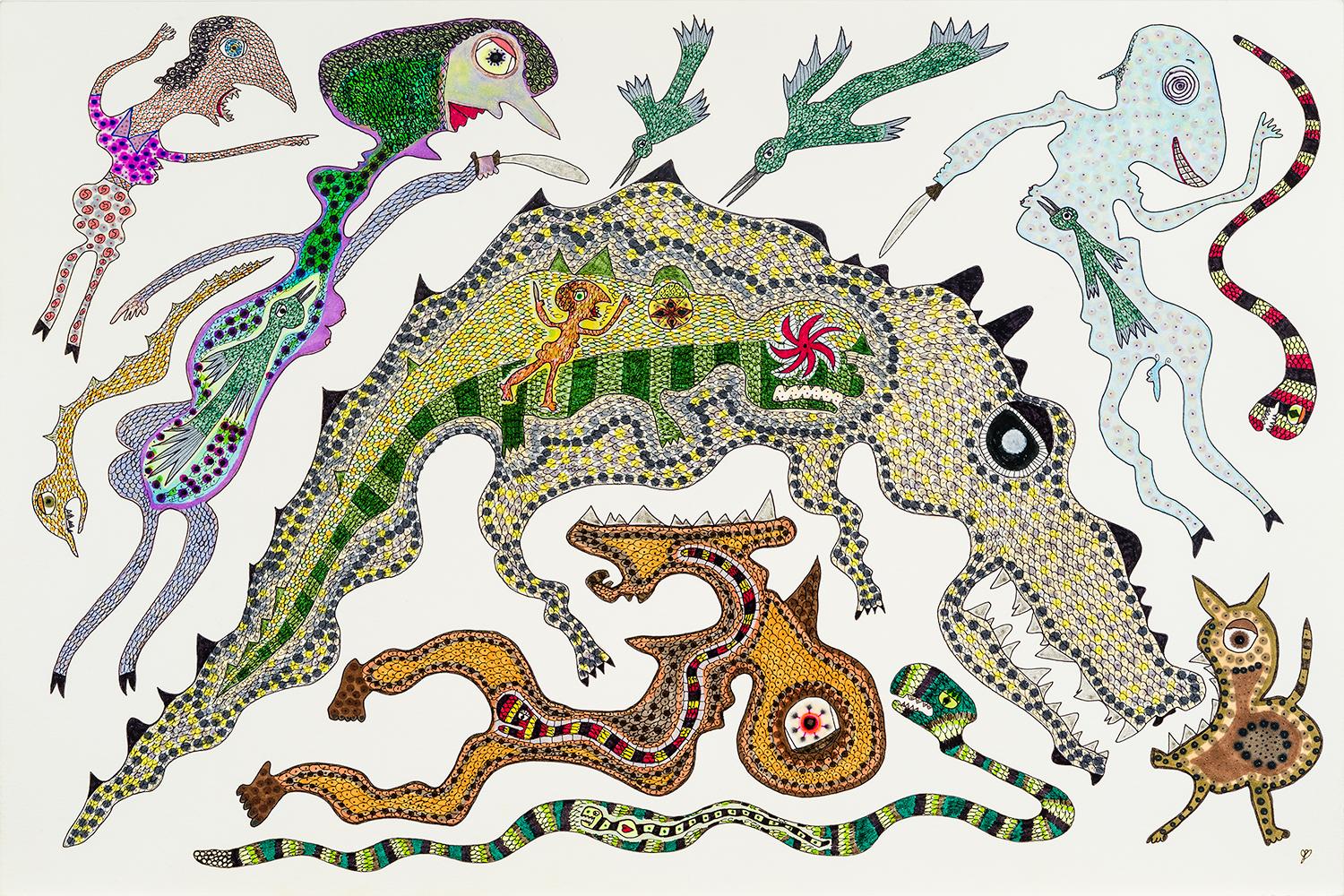 Jeanne Brousseau Abstract Drawing – Große Mittel-D Drachenform]