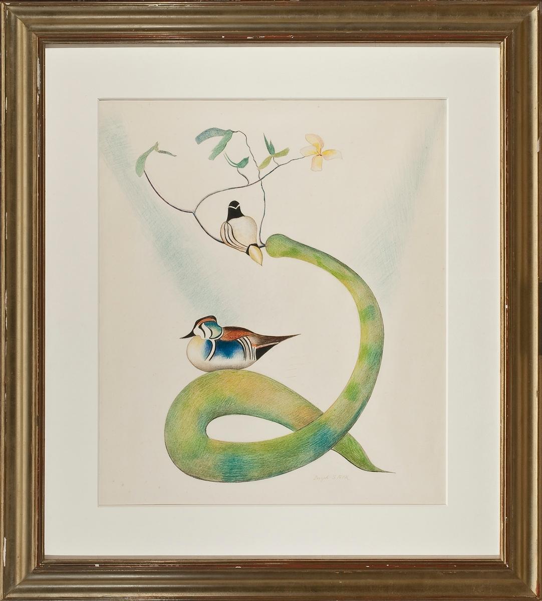 Deux canards en bois sur une branche en fleurs - Beige Abstract Drawing par Joseph Stella