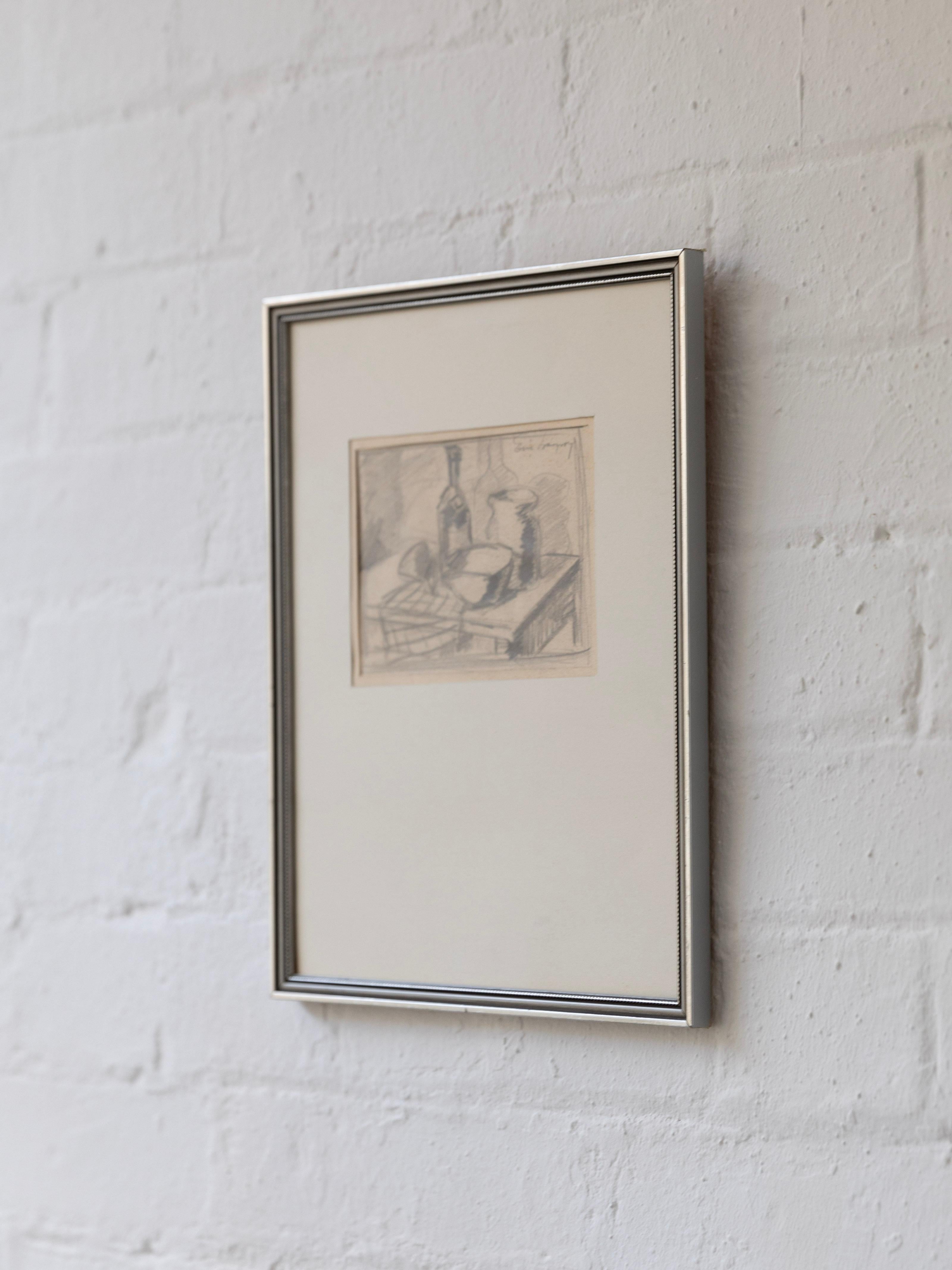 A pencil study of a kitchen tabletop scene, signed by the artist to the upper right corner. Mounted and framed in a slim silver moulding.

Artist: Illegibly signed
Medium: Pencil on paper
Dimensions: H 315mm x W 255mm
Origin: Sweden
Condition:
