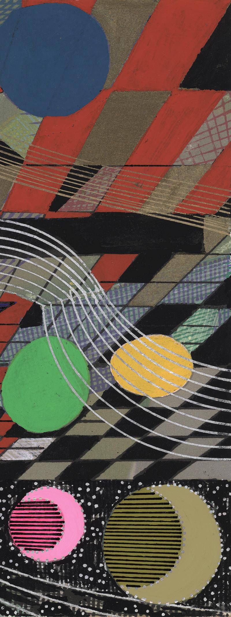 This colored painted drawing imagines space in the multiverse: looping arcs of space contrasted to the 3-D space familiar to us represented by a checkerboard with a vanishing point, and a line-up of waxing and waning planets. The image measures 9